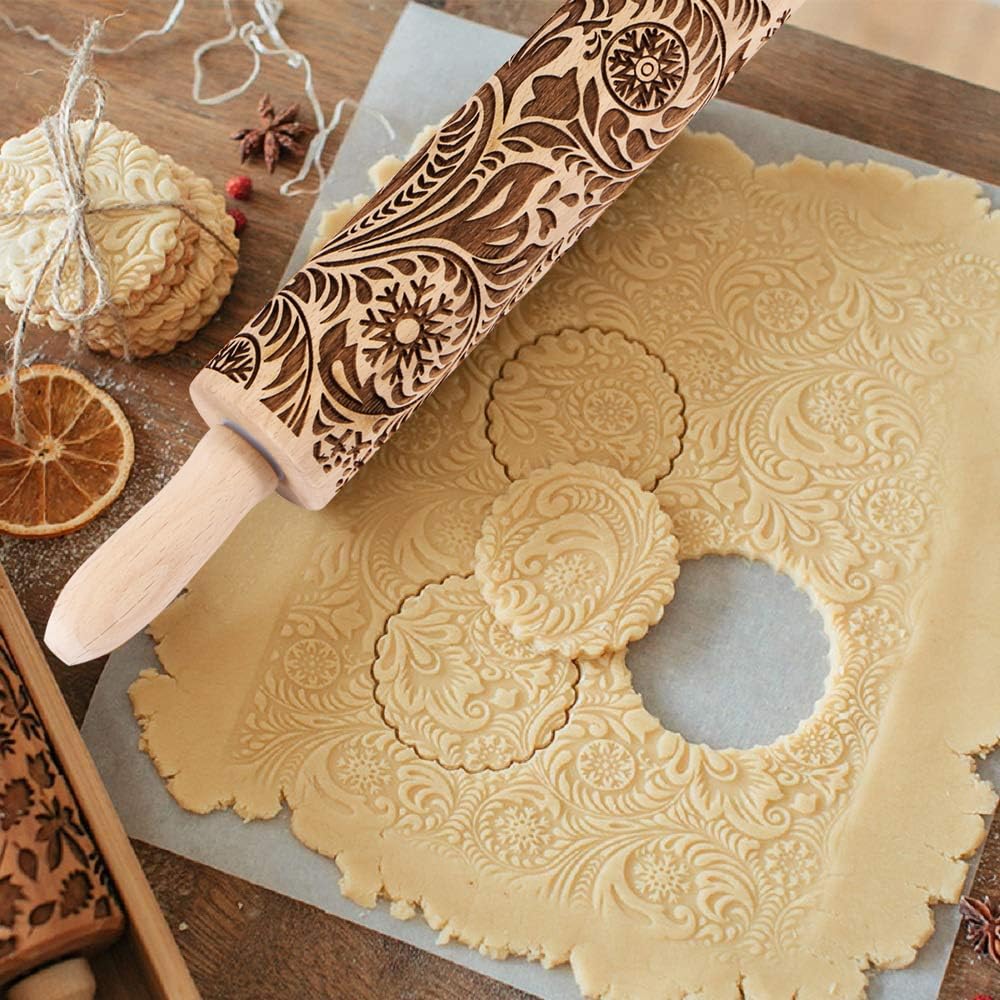 Embossed Wooden Rolling Pin For Baking,Evermarket Deep Engraved Embossing Rolling Pin With Christmas Snowflake Flower Design For