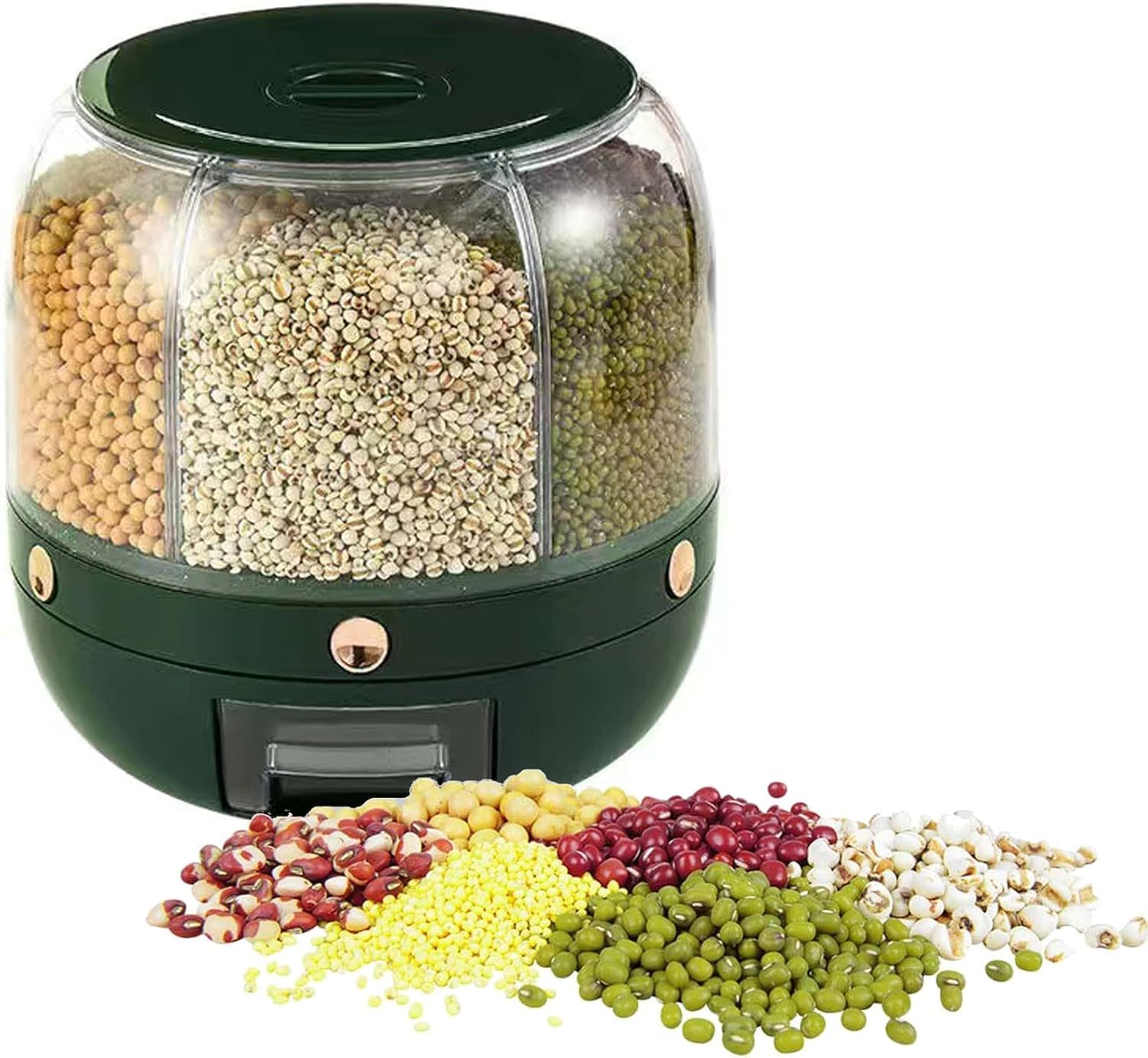 Mugath 6 Grid Rotating Food Dispenser  Rice Bucket Storage Tank, Cereal Dispenser, Stackable Containers, OneClick Picking (Gre