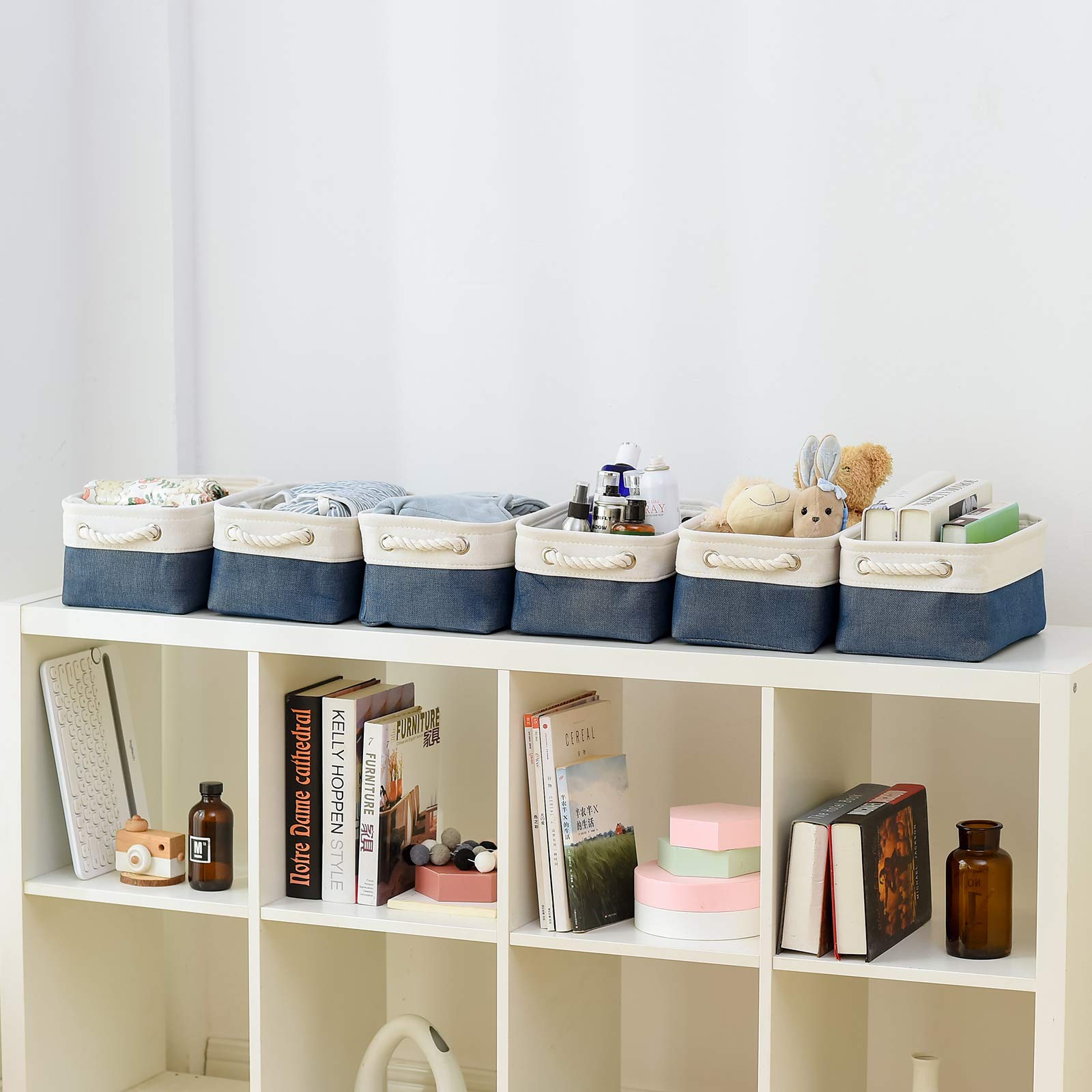 Storage Basket For Organizing - 12X8X5.2 Inch Small 6 Pack Fabric Storage Bin Collapsible Baskets For Shelves With Rope, Storage