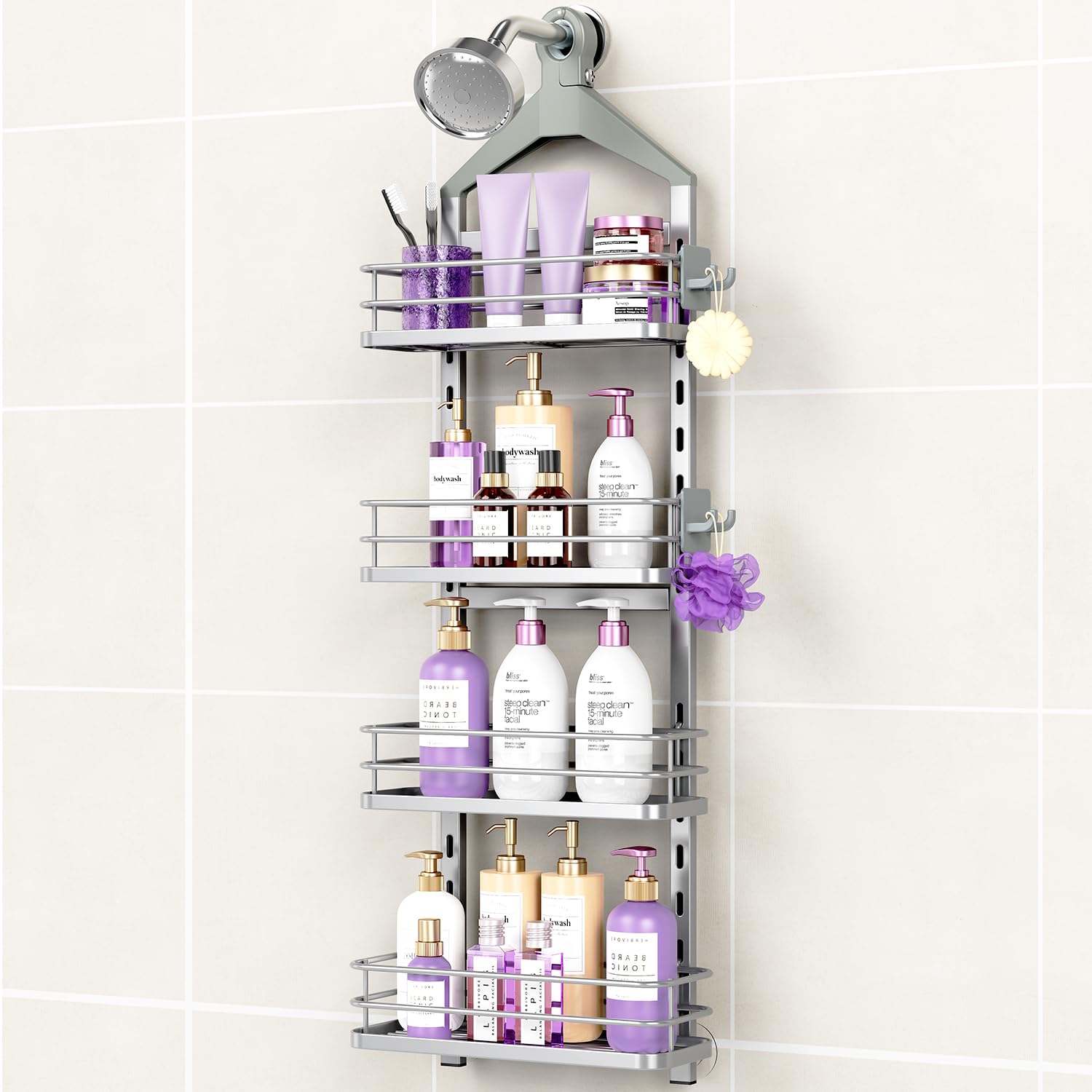 ODesign 4 Tier Height-Adjustable Shower Caddy Hanging Anti-Swing-Over The Shower Head Caddy- Storage Organizer Bathroom Shelves 