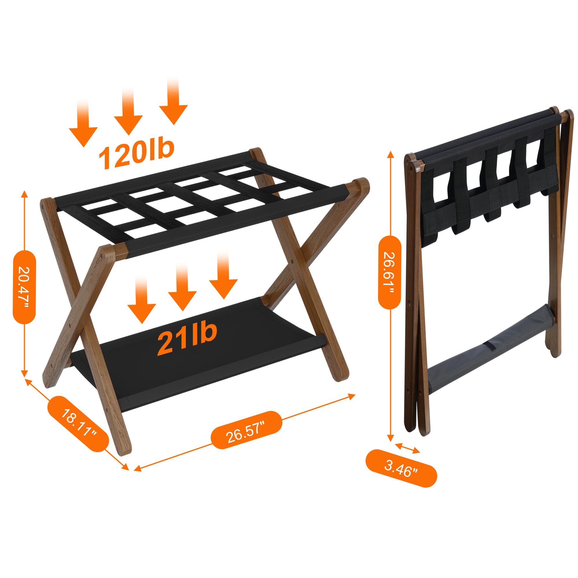Heybly Luggage Rack, Folding Suitcase Stand With Storage Shelf, Luggage Holder With 5 Nylon Straps For Guest Room Bedroom Hotel,
