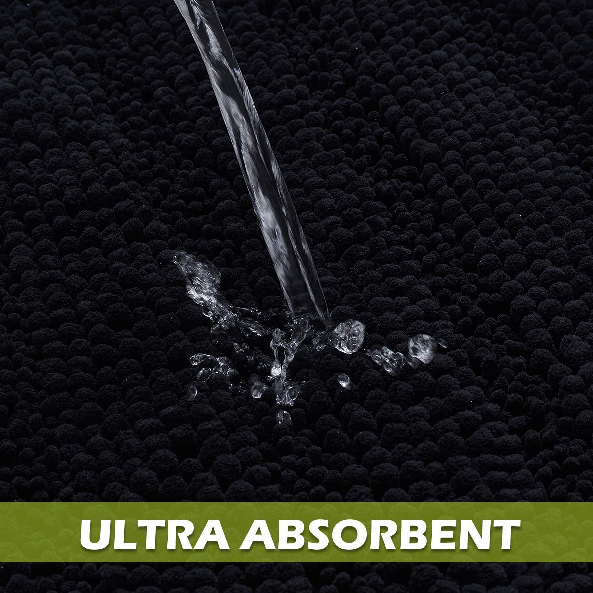 Kgorge Black Bath Mat - Quick Drying Bathroom Rugs Non-Slip Water Absorbent Thick Shaggy Chenile Shower Rug For Toilet Tub Kitch