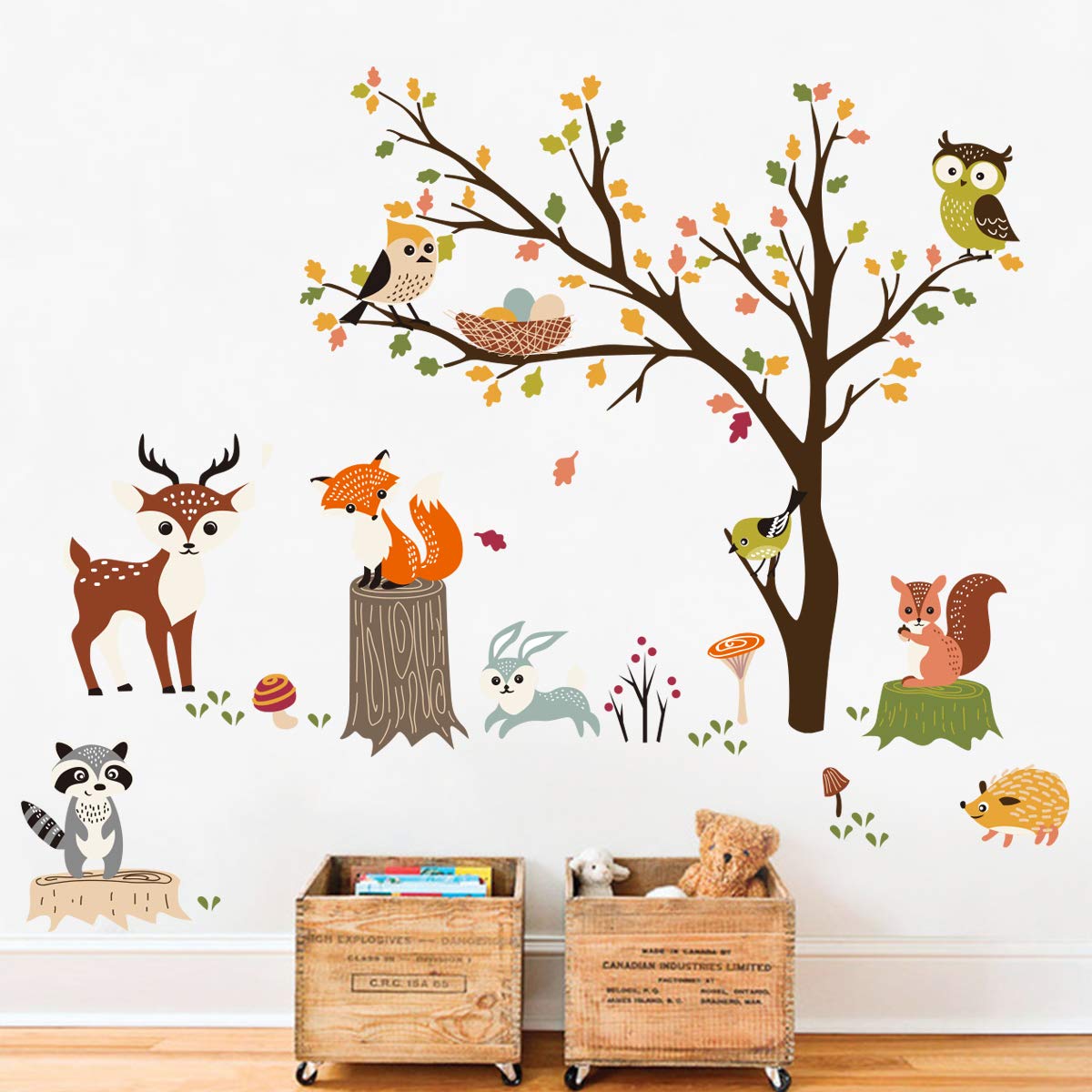 Decalmile Woodland Wall Decals Animals Tree Owl Fox Deer Wall Stickers Kids Bedroom Baby Nursery Wall Decor