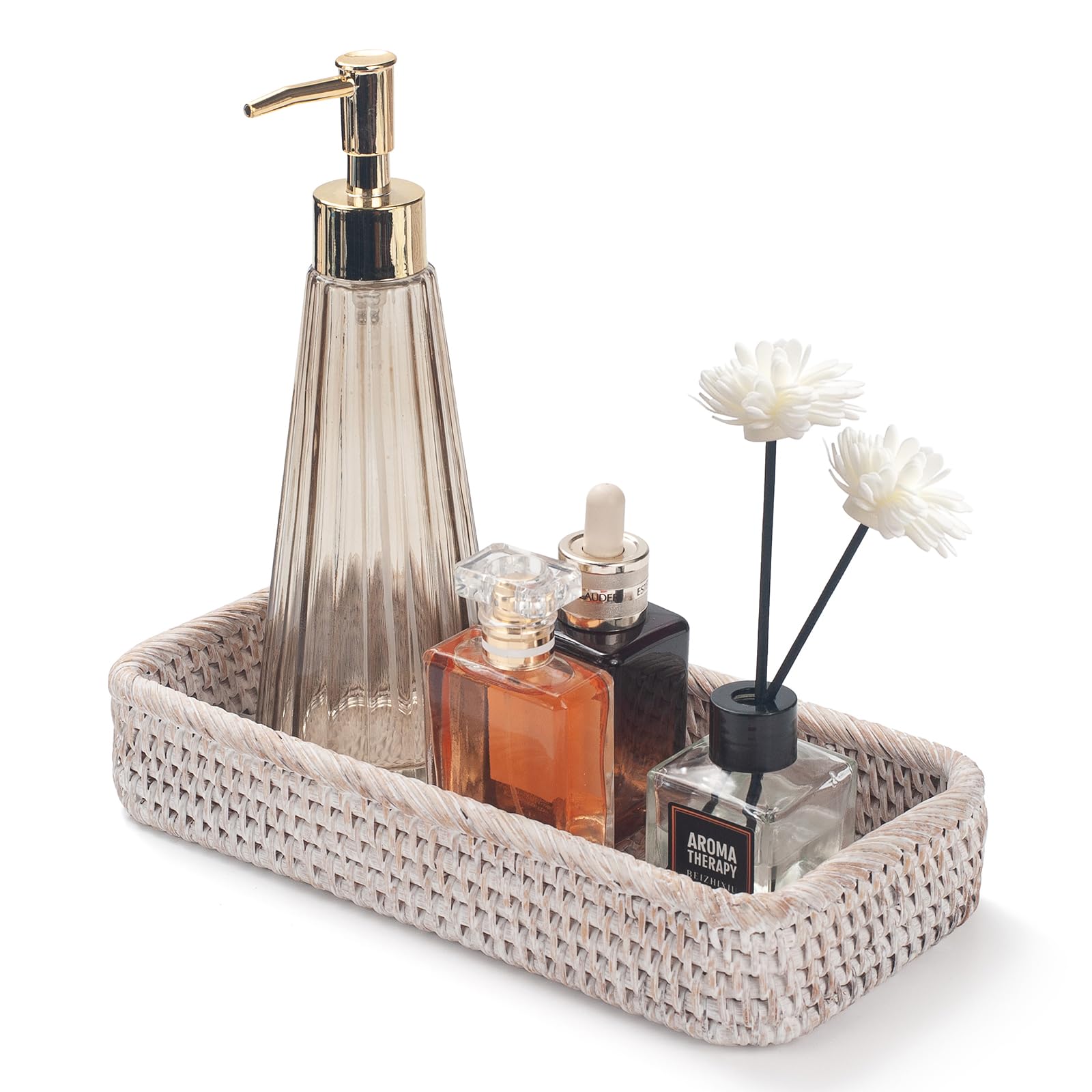 Rattan Bathroom Vanity Tray, Toilet Tank Tray, Toilet Basket Tank Topper, Bathroom Basket for Organizing and Decor (Whitewash, 1