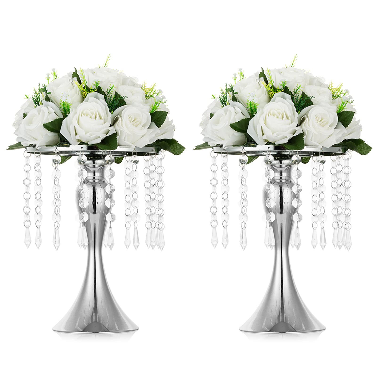 Nuptio 2 Pcs Tabletop Metal Wedding Flower Vase, 10.2in/26cm Height Vases for Centerpieces Silver Crystal Flower Stand for Anniv