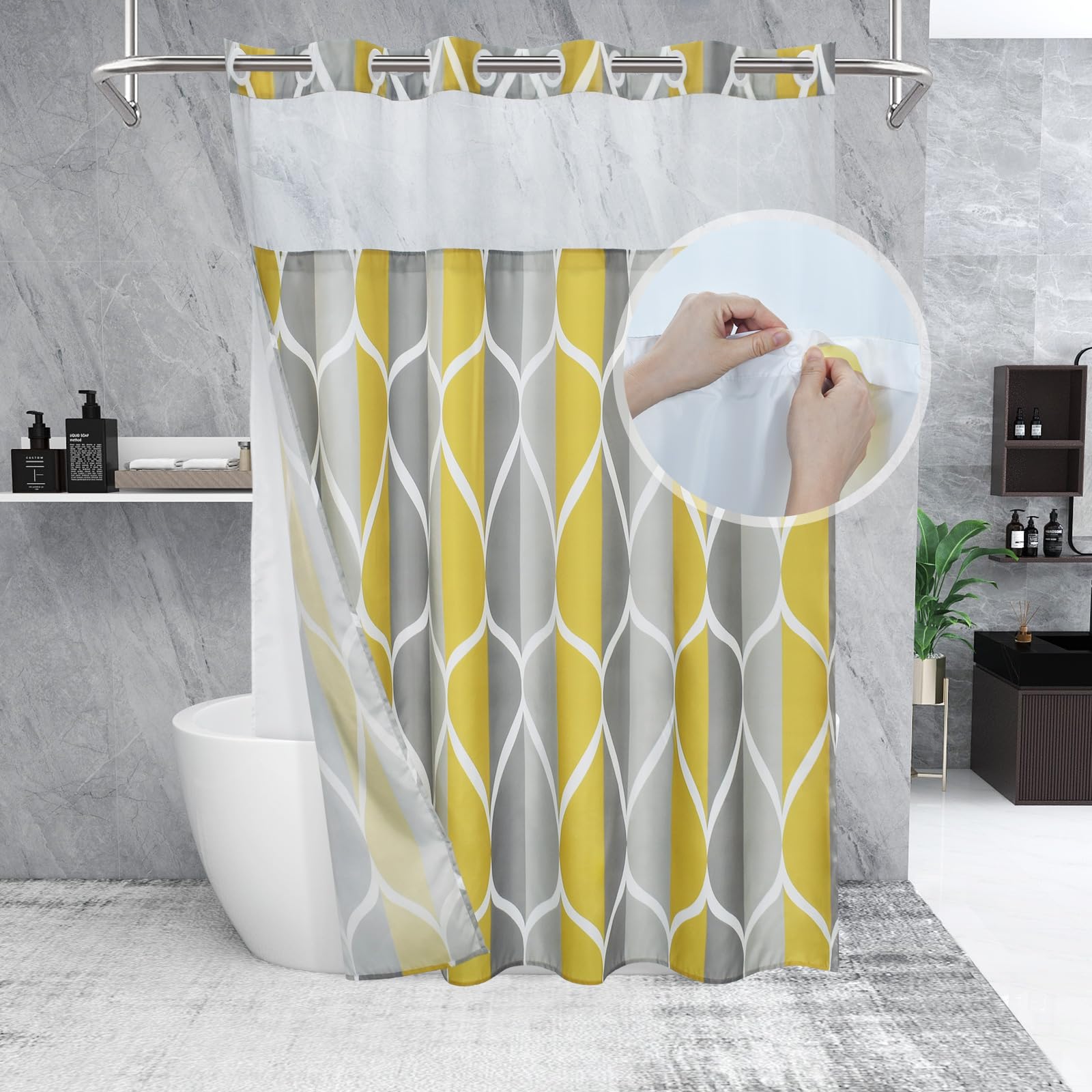 Yiatn Gray Yellow No Hook Shower Curtain With Liner Attached - Hotel Style With See Through Mesh Top Window, Modern Geometric Wa