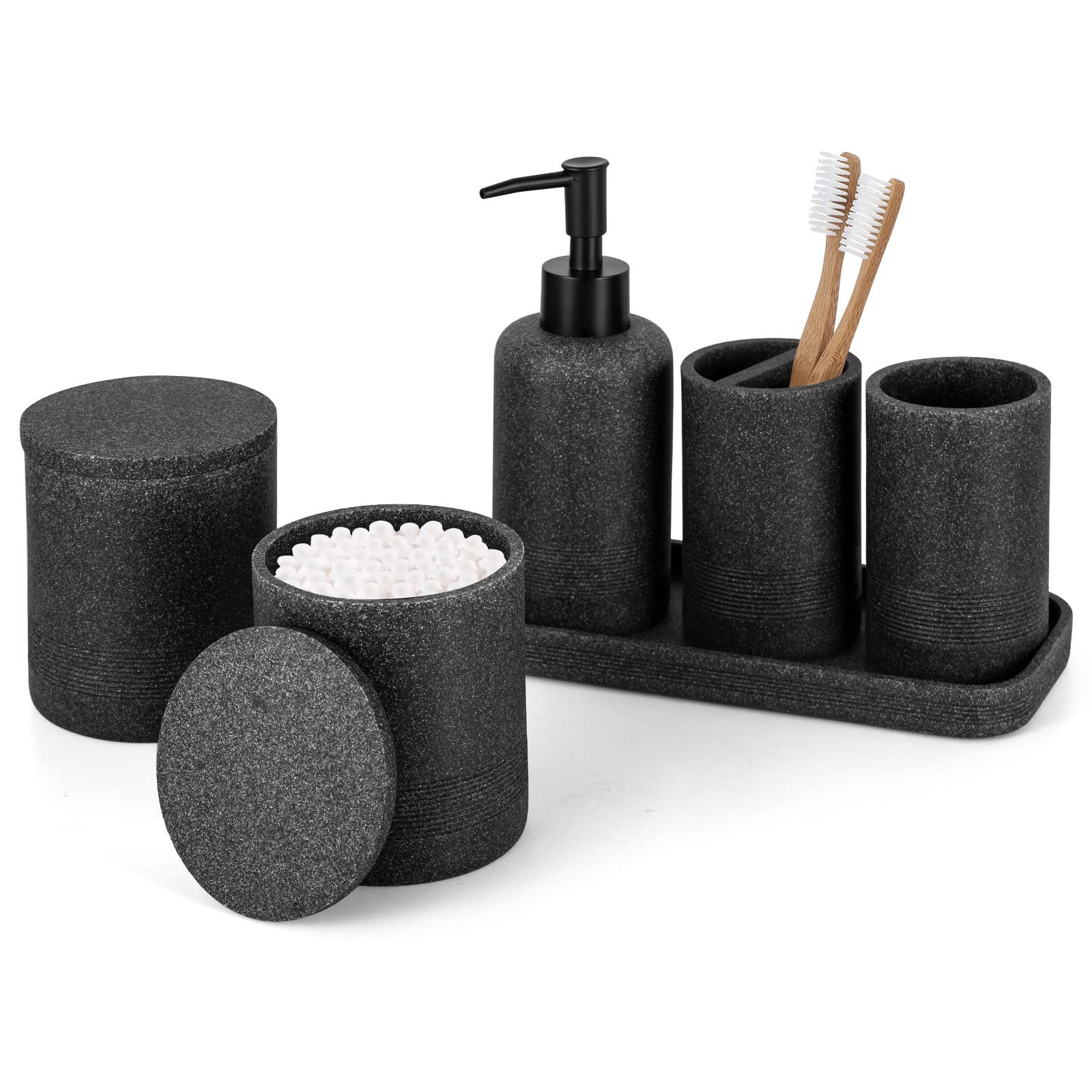 Zccz Black Bathroom Accessories Set 6 Pcs- Toothbrush Holder, Lotion Dispenser, 2 Qtip Container, Vanity Tray, Tumbler For Count