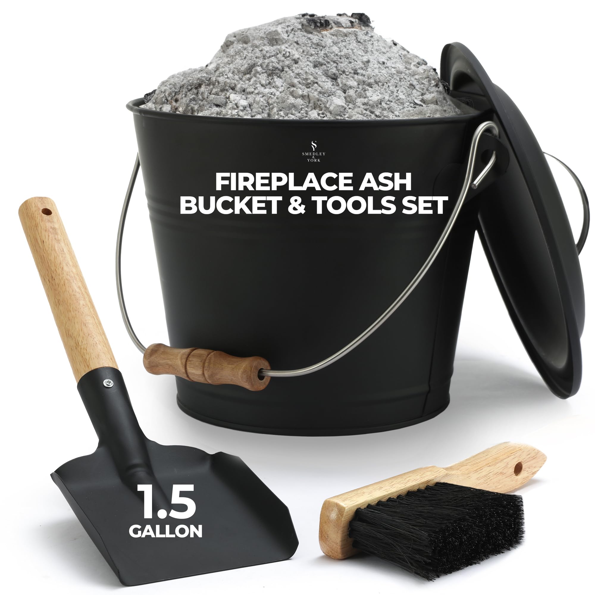 Smedley & York Mini Ash Bucket With Lid, Includes Fireplace Tools, Pail, Shovel And Broom, 1.5 Gallon Charcoal Metal Bucket With