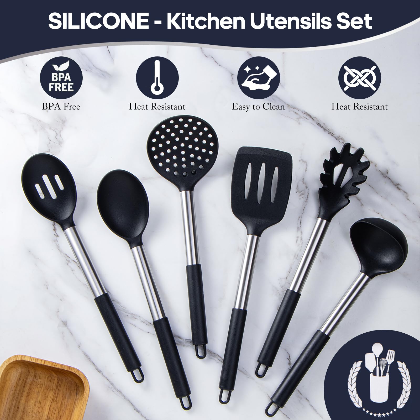 Silicone Kitchen Utensils Set - Culinary Couture 6-Pieces Black Silicone Cooking Utensils Set For Nonstick Cookware - Stainless