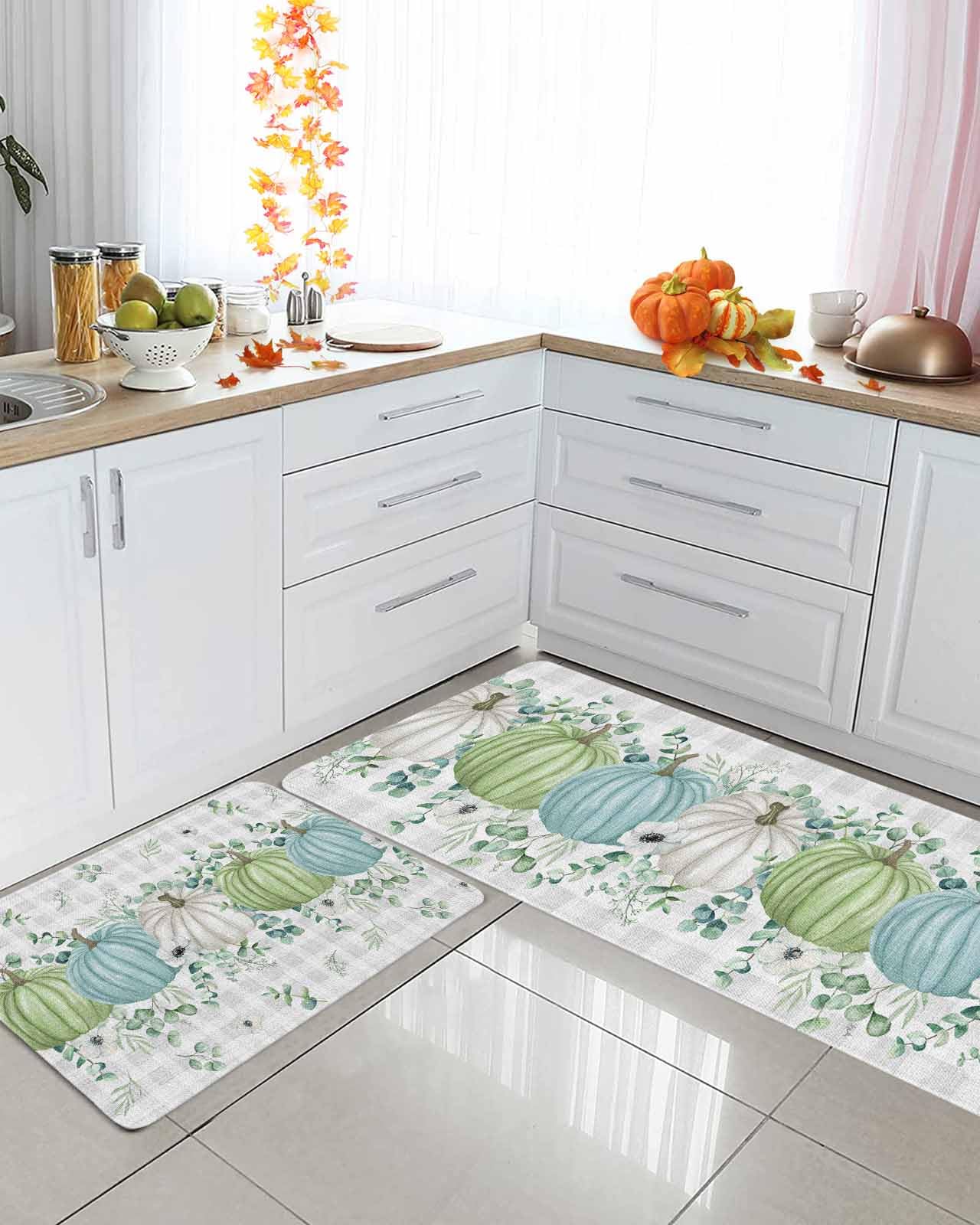 Fall Thanksgiving Kitchen Mat for Floor Autumn Pumpkins Eucalyptus Leaves Kitchen Runner Rug,Non Skid, White Blue Green Gray Pla