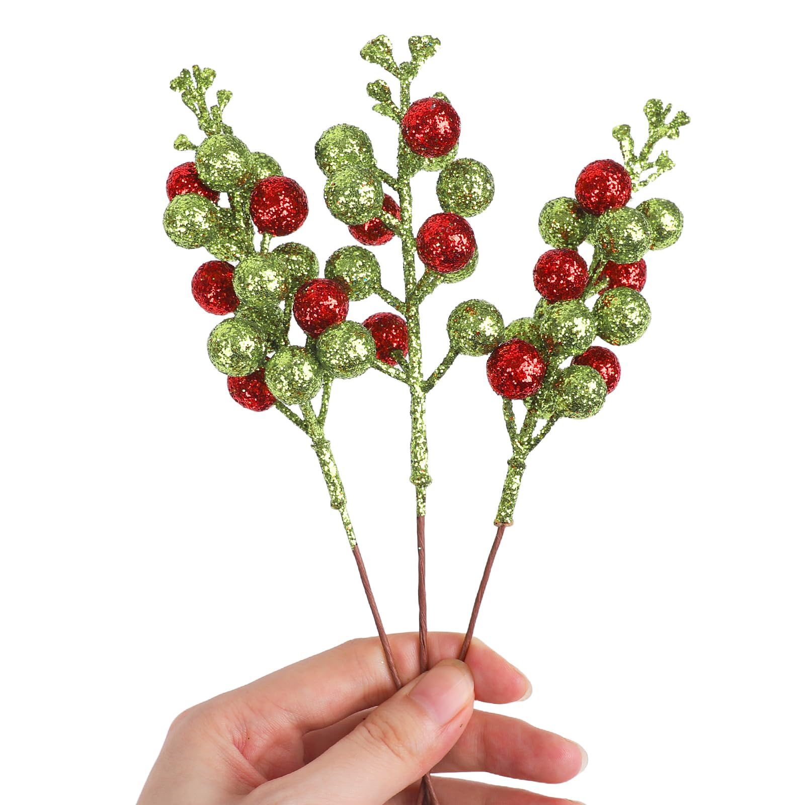 DIYASY Artificial Berry Stems, 20 Pcs Glitter Christmas Tree Picks Xmas Branches Filler Holiday Wreath Garland Decorations Home