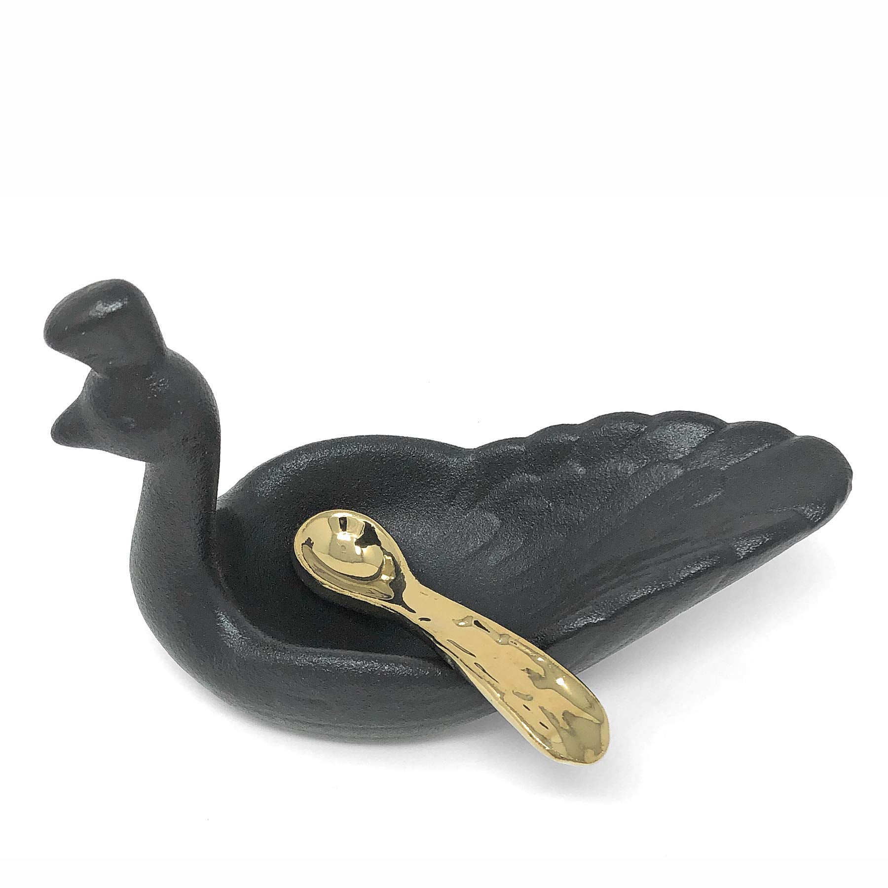 Floor | 9 Black Peacock Mini Ceramic Bowl With Gold Spoon