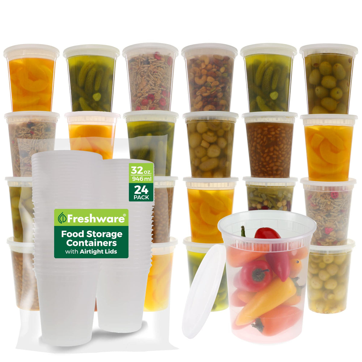 Freshware Food Storage Containers [24 Set] 32 Oz Plastic Deli Containers With Lids, Slime, Soup, Meal Prep Containers | Bpa Free