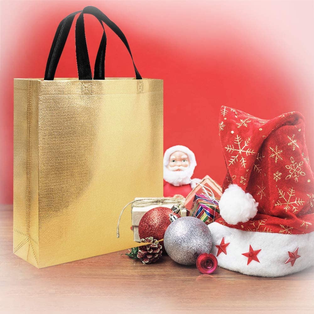 DRAPME Medium Size Pack of 50 Pcs Glossy Metallic Laminated Non-Woven Reusable Eco-Friendly Party Return Gift Bags (Golden) (Med