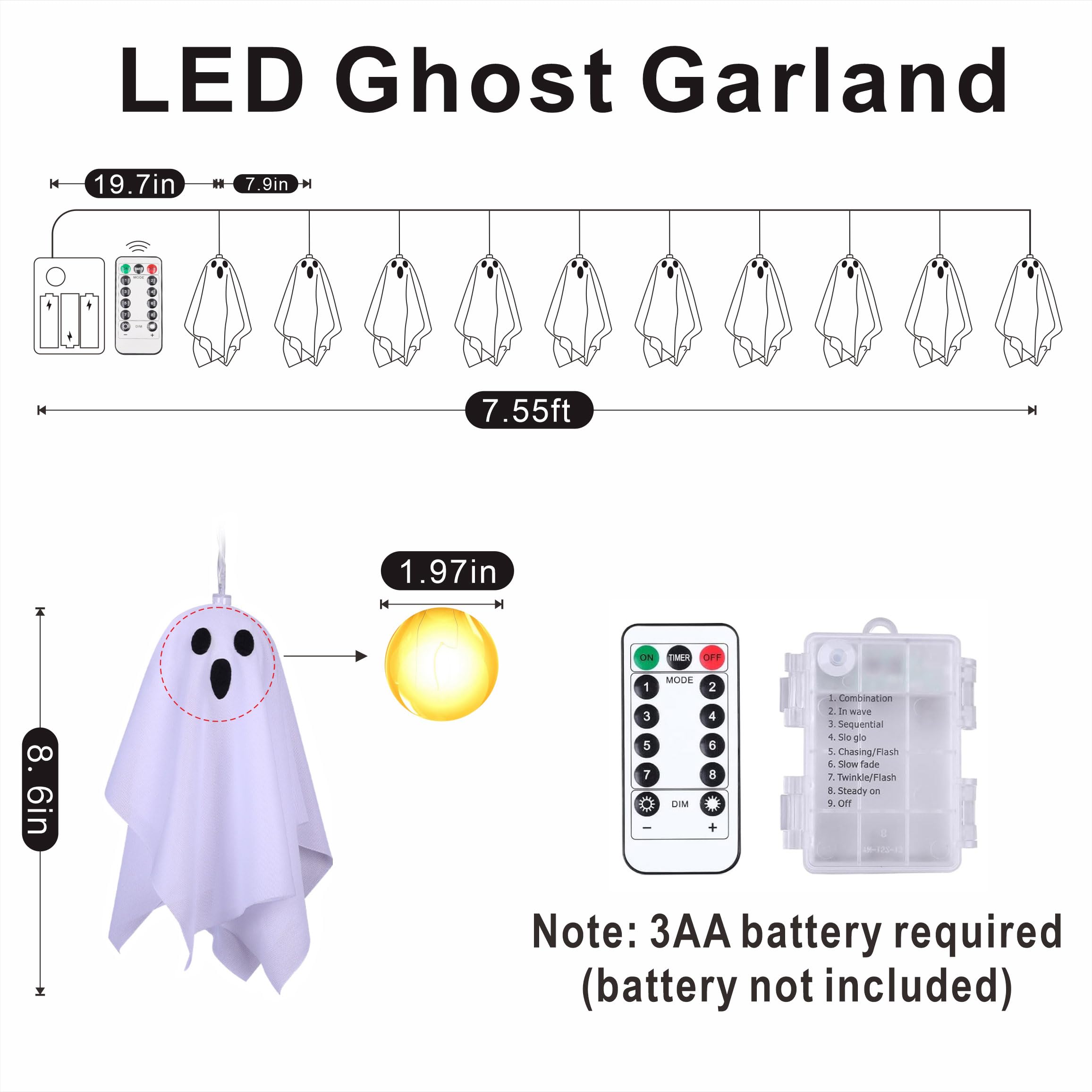 Halloween Decoration String Lights, Light up Ghost Garland, 7.5ft Battery Operated Ghost Lights with 10 LED for Mantle, Fireplac