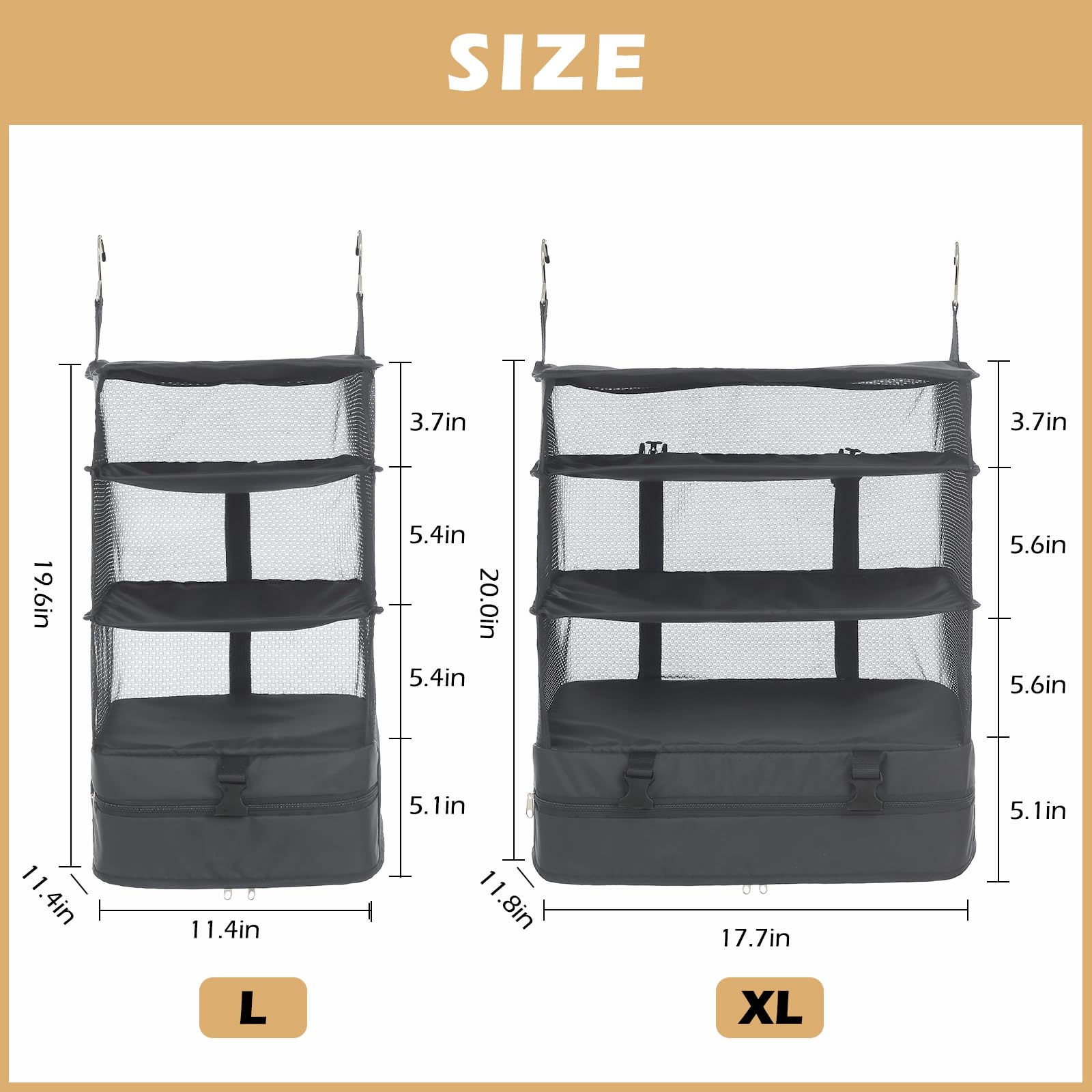 Surblue Hanging Closet Storage Bag Collapsible 3-Shelf Washable Oxford Fabric With 2 Hooks (Xl 17.71 * 11.81 * 20In, Grey)