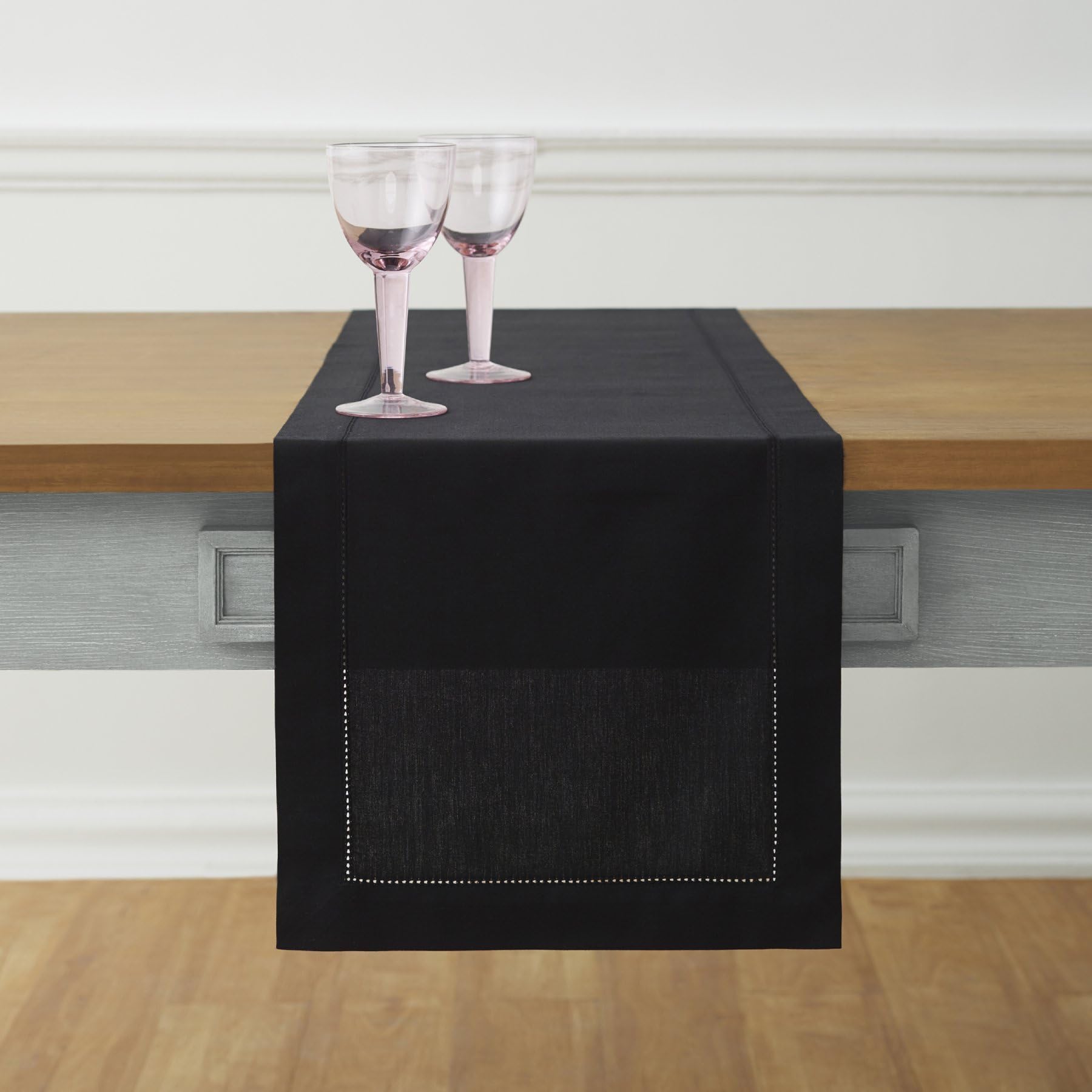 Solino Home Black Table Runner 48 Inch - Cotton Linen Hemstitch Short Table Runner 14 X 48 Inch Ideal For Dresser And Coffee Tab