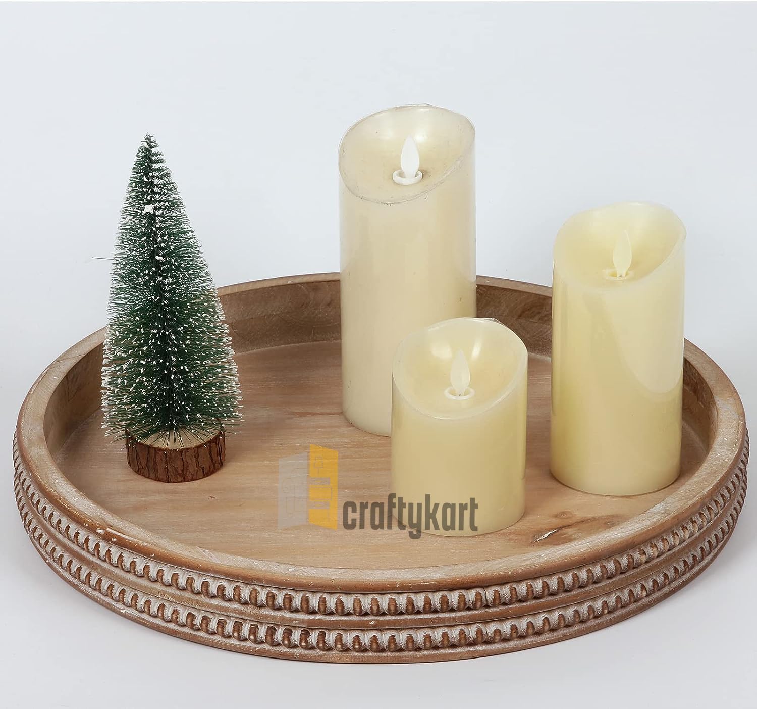 CRAFTYKART Round Wooden Serving Tray, Whitewashed Round Decorative Wood Tray, Round Farmhouse Rustic Decorative Tray, Perfect fo