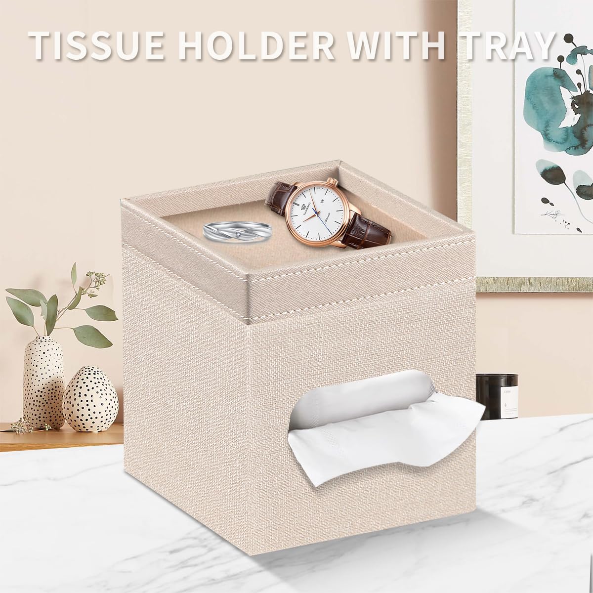 Square Tissue Box Cover With Storage Tray,Pu Leather Tissue Cube Box Holder, Decorative Tissue Holders, Modern Tissues Case Napk