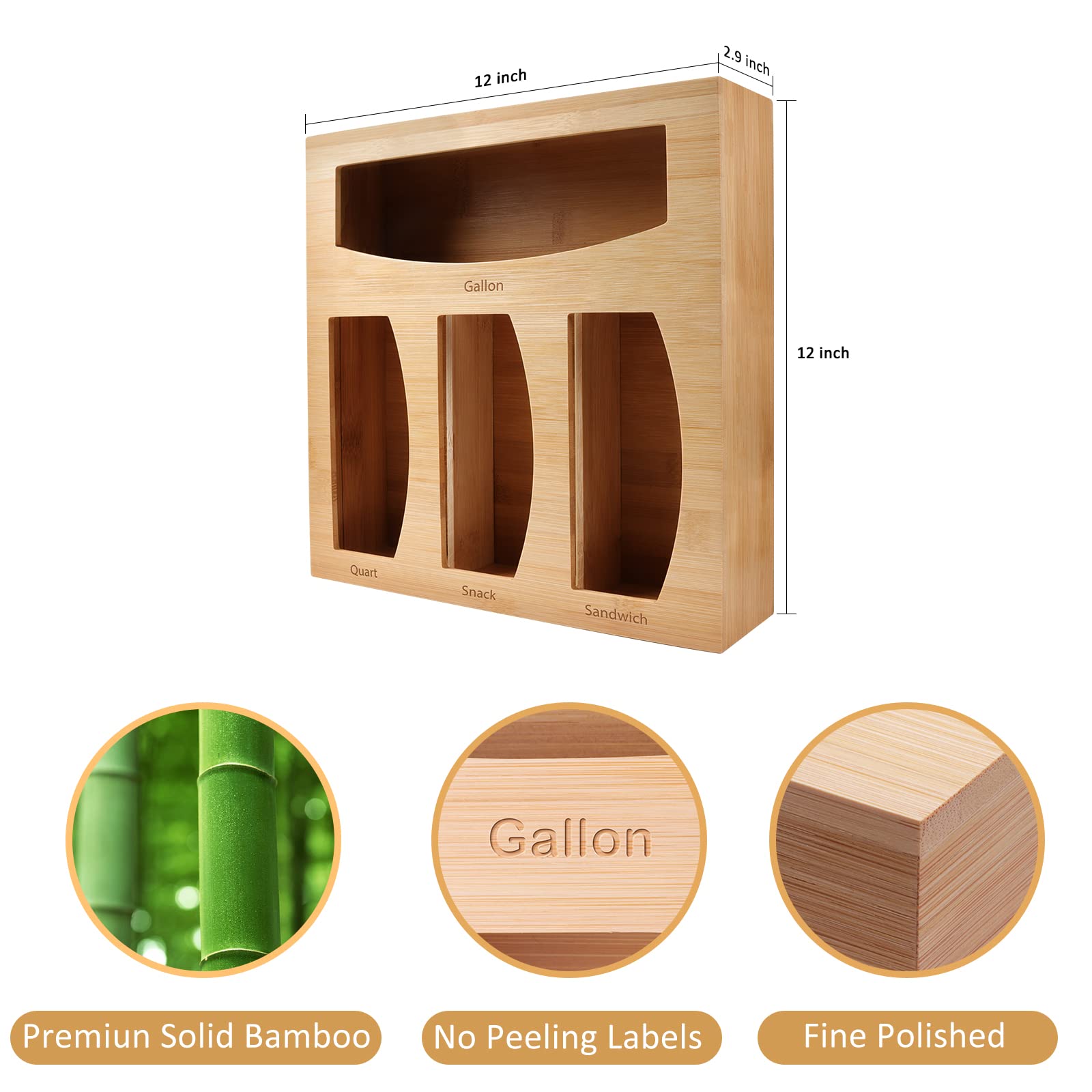 Ziplock Bag Organizer For Kitchen Plastic Bag Storage, Premium Bamboo Organizer, Food Storage Bag Holders For Gallon, Quart, San