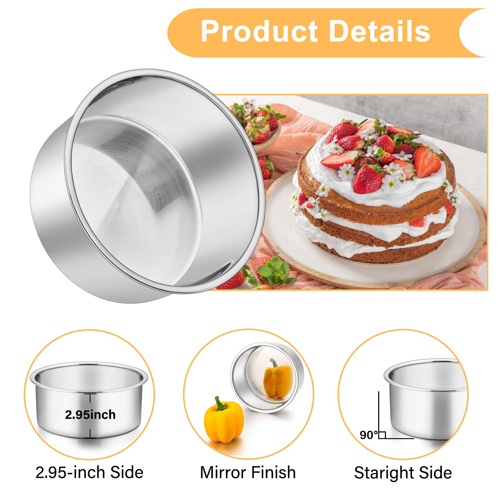 2 Pcs 6 Inch Deep Cake Pan Set  P&P CHEF 6'' x 2.95'' Stainless Steel Round Baking Pans  for Birthday Wedding Christmas  Non Toxic & Healthy  One-piece Construction & Deep Side  Oven & Dishwasher Safe