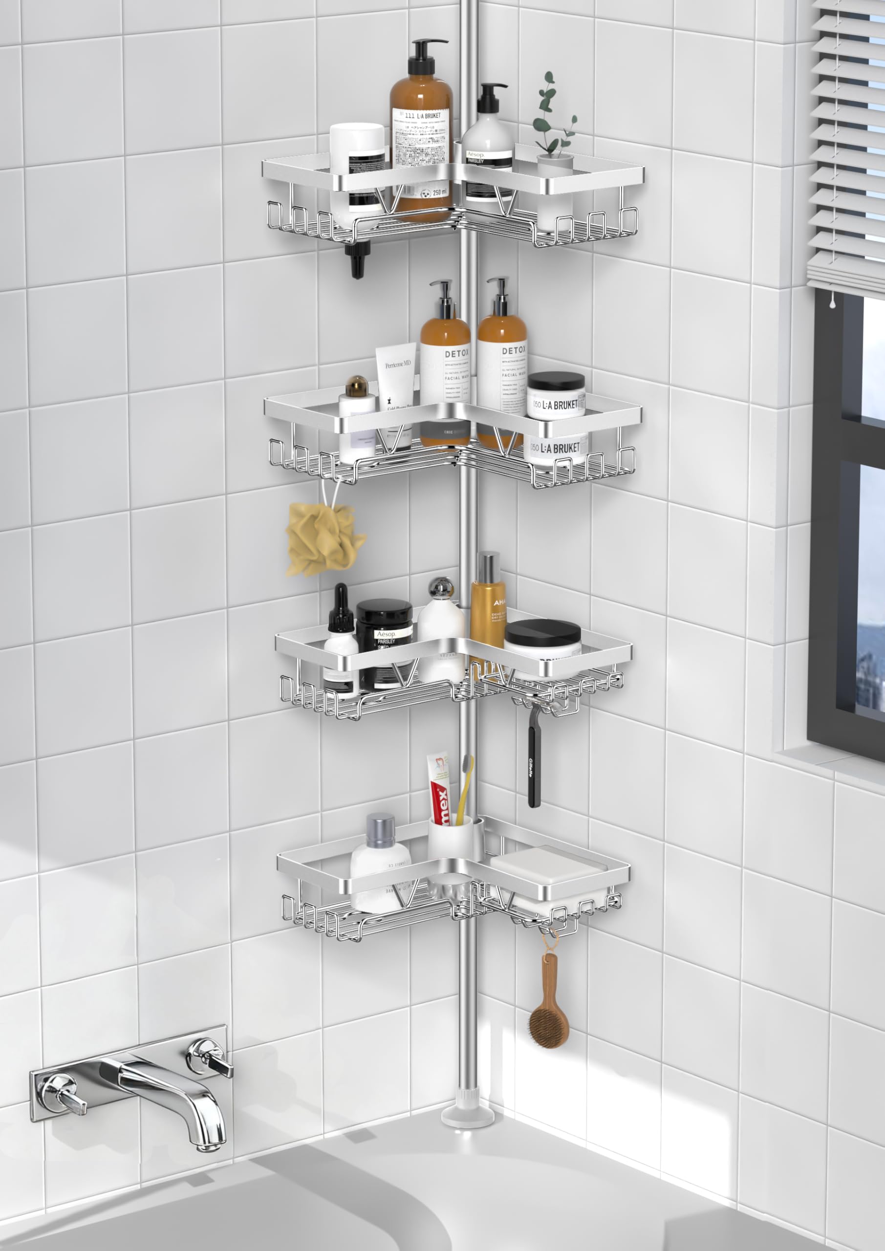 Daoun 4-Tier Shower Caddy/Shower Organizer - Corner Standing Tension Pole Adjustable 25-114.2 inches Built in 2 Soap Holder Rust