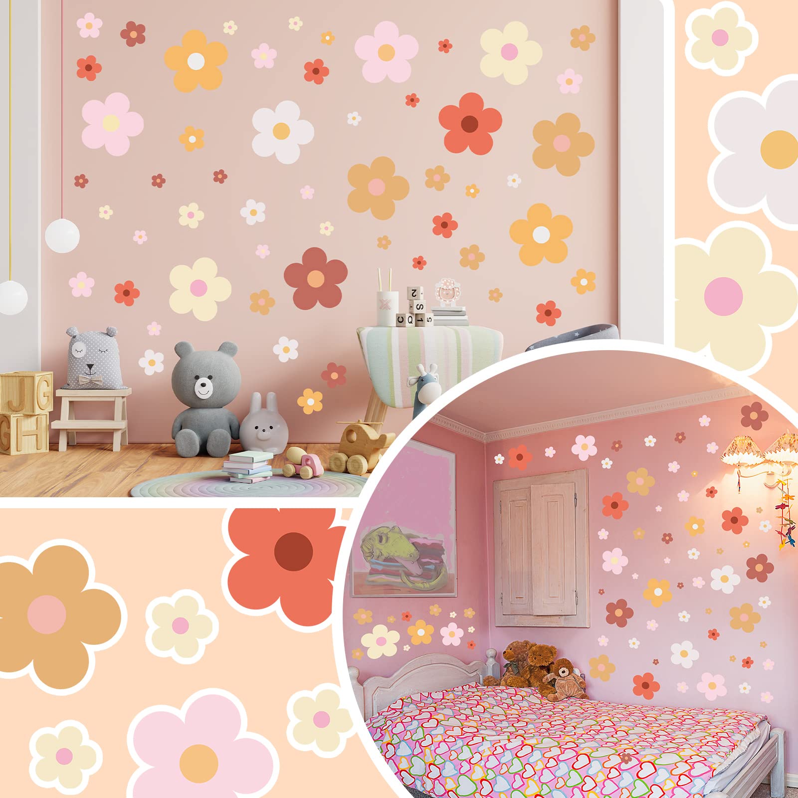 Hotop 128 Pcs Cute Flowers Wall Decal Daisy Wall Stickers Pastel Aesthetic Preppy Hippie Trendy Wall Flowers Wall Decor Colorful