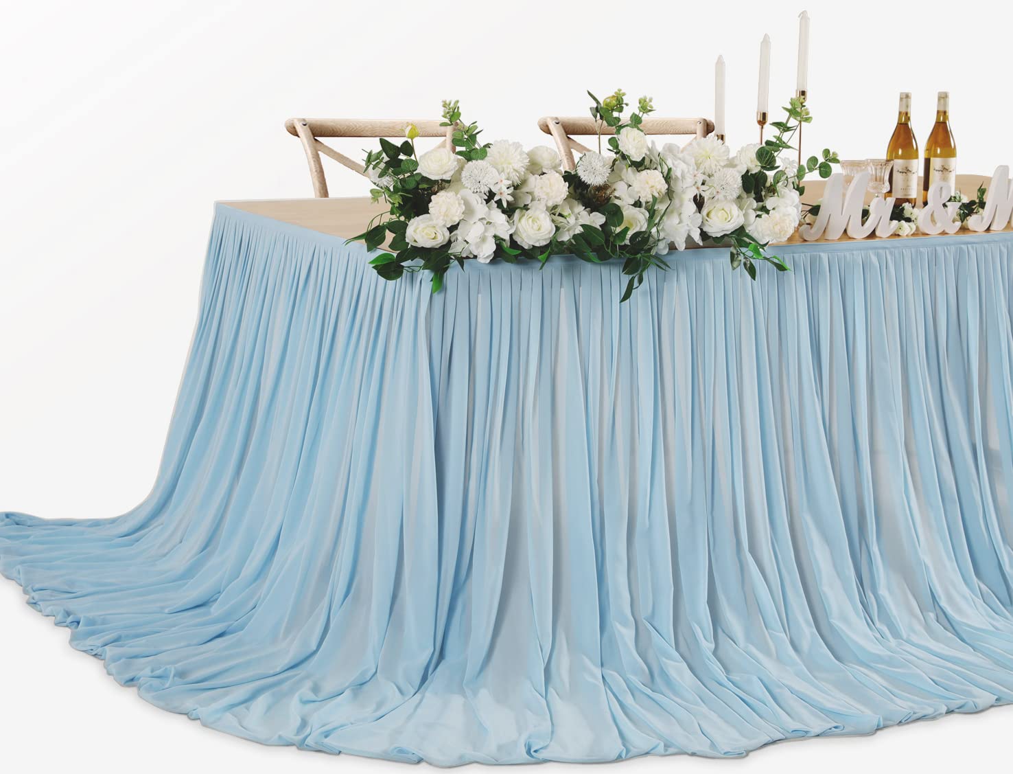 Mohoeey 9Ft Extra Long Blue Chiffon Table Skirts With Pooling Tablecloth For Wedding, Birthday, And Cake Table Decorations