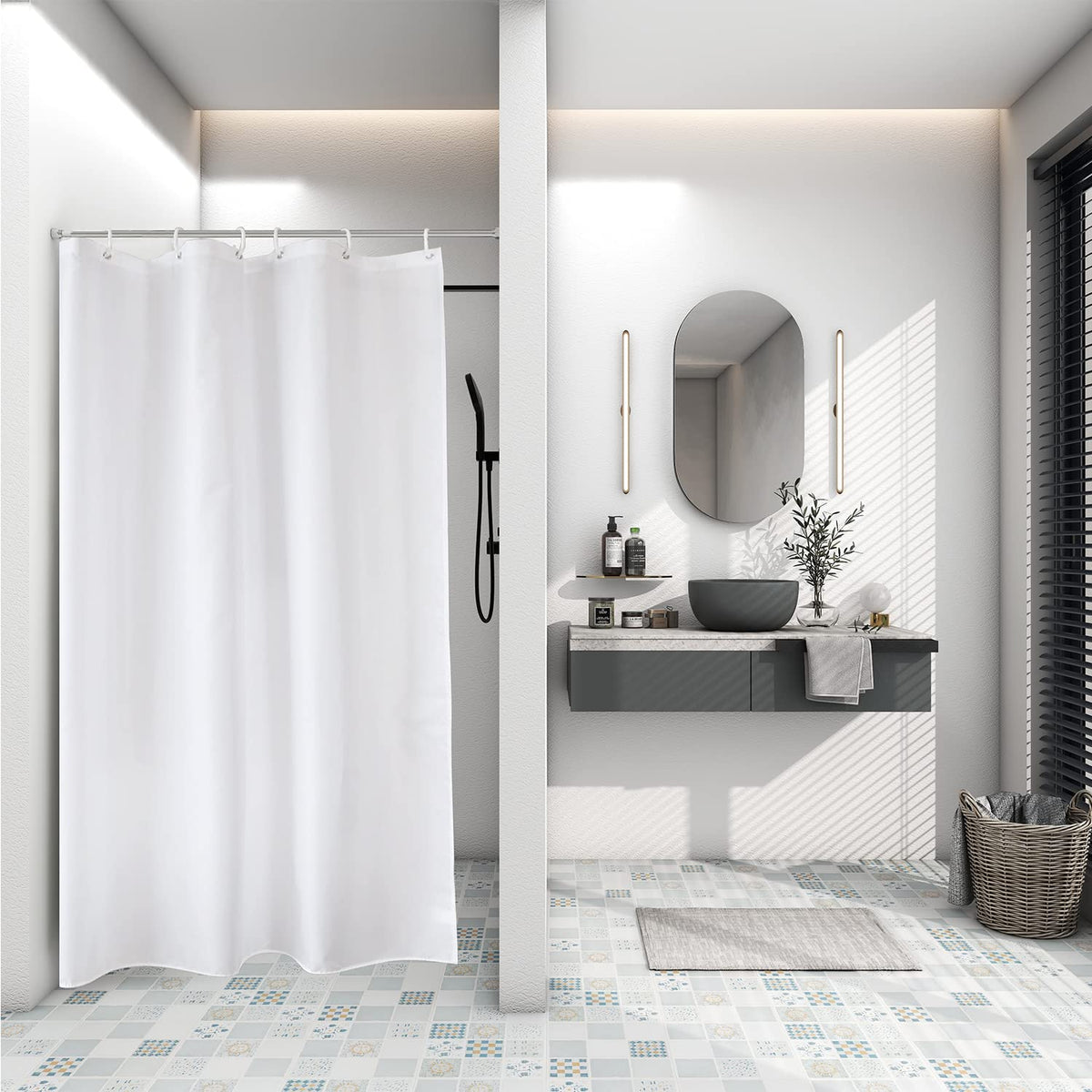 Aoohome White Stall Size Bathroom Curtain For Hotel, Fabric Shower Liner With Hooks For Hotel, Waterproof, 48 Width X 72 Height