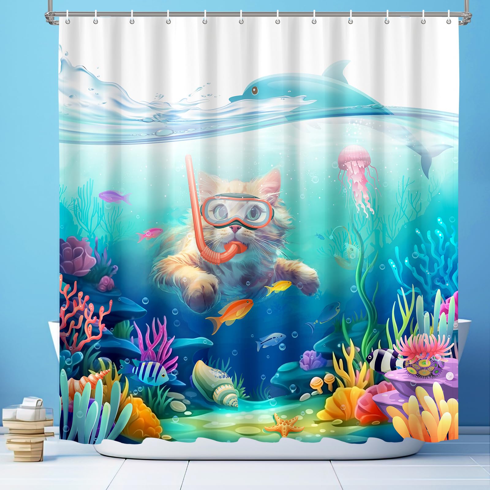 Vimorco Diving Cat Shower Curtain, Funny Cat Shower Curtains For Bathroom, Waterproof Quick-Dry Polyester Fabric Shower Curtain,