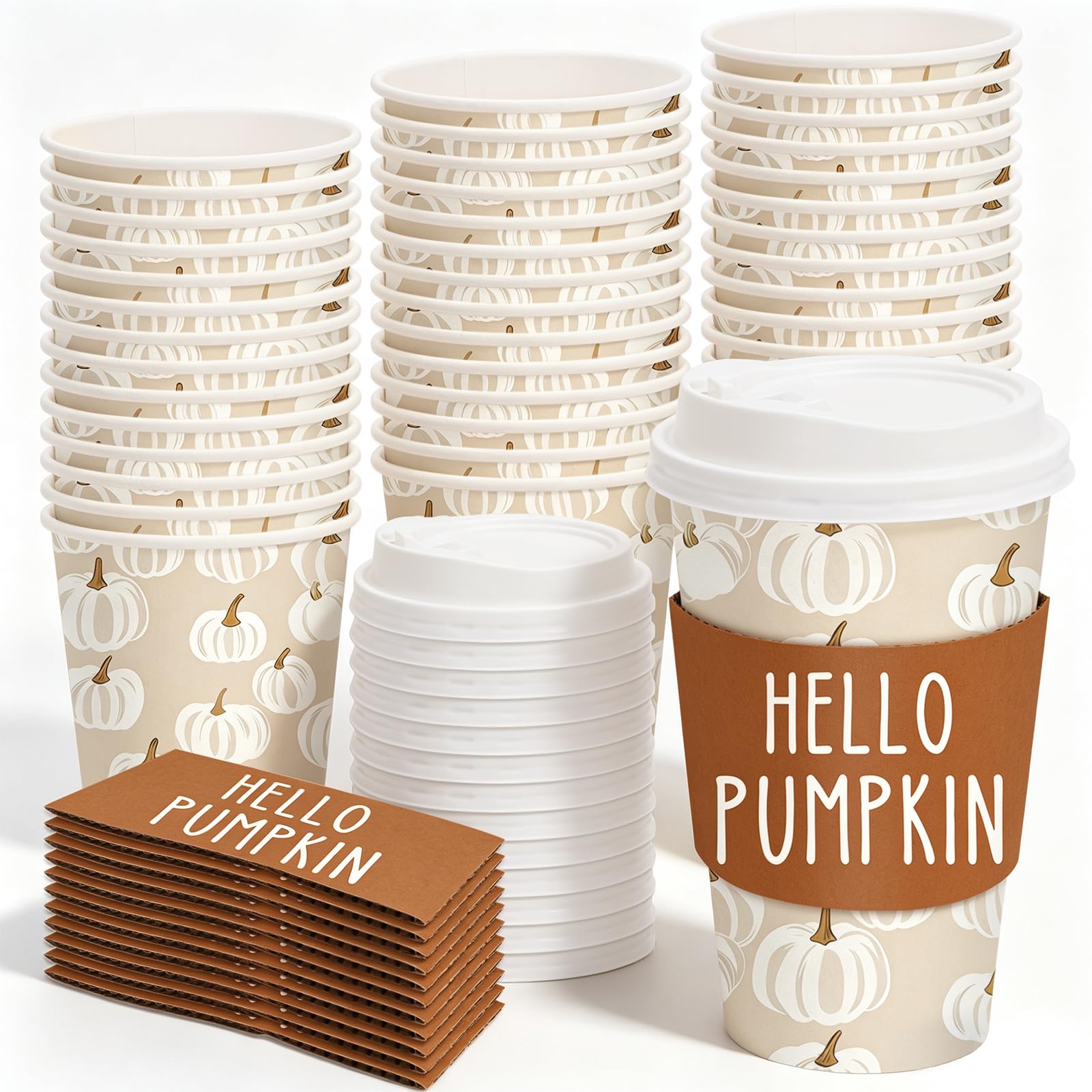 JarThenaAMCS 50 Sets Fall Coffee Cups with Lids and Sleeves 16 Oz Hello Pumpkin Paper Cup White Pumpkin Disposable To Go Coffee 