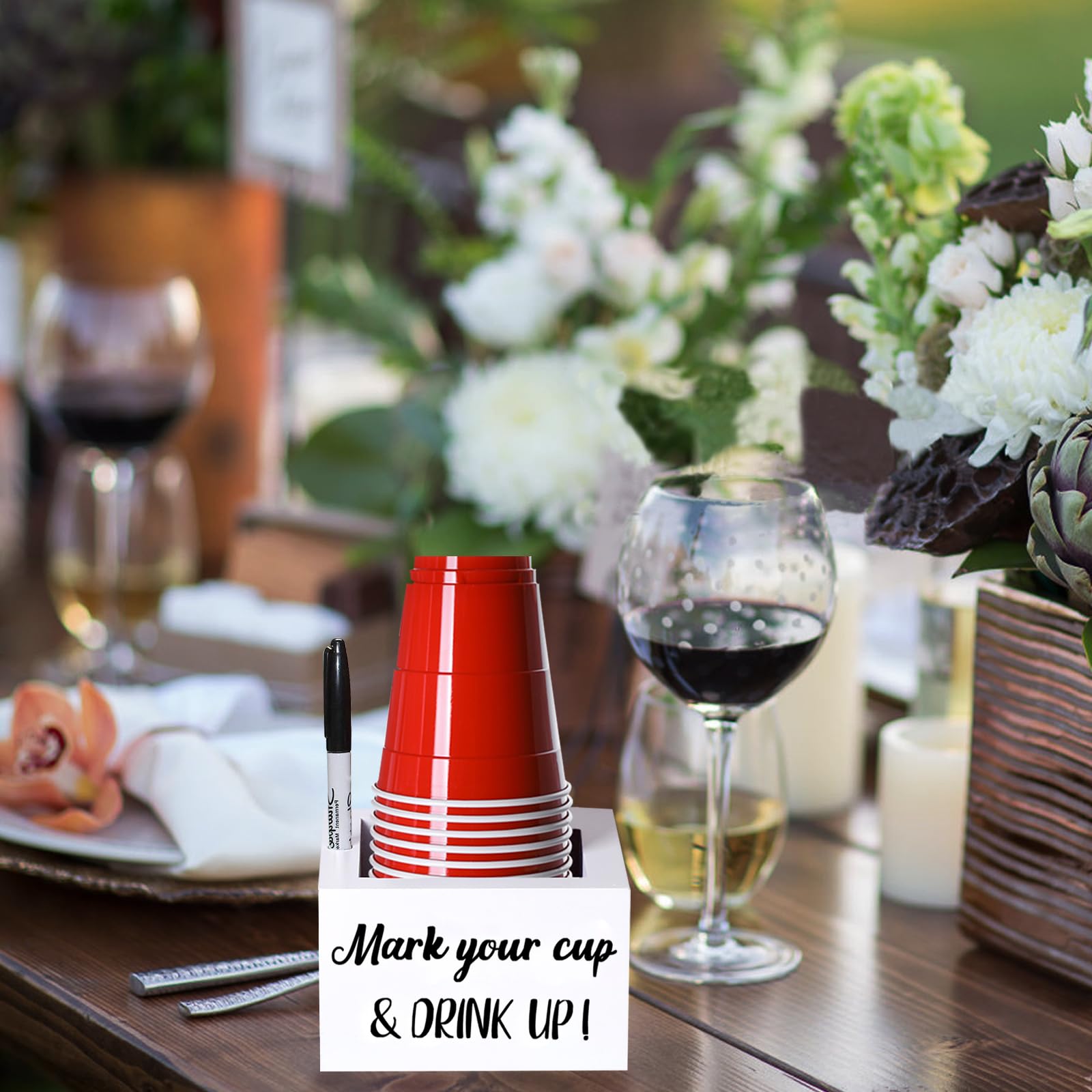 Disposable Cup Holder With Marker Slot Wooden Mark Your Cup And Drink Up Cup Holder 2 Sides Designs Utensil Holder Drink Dispens