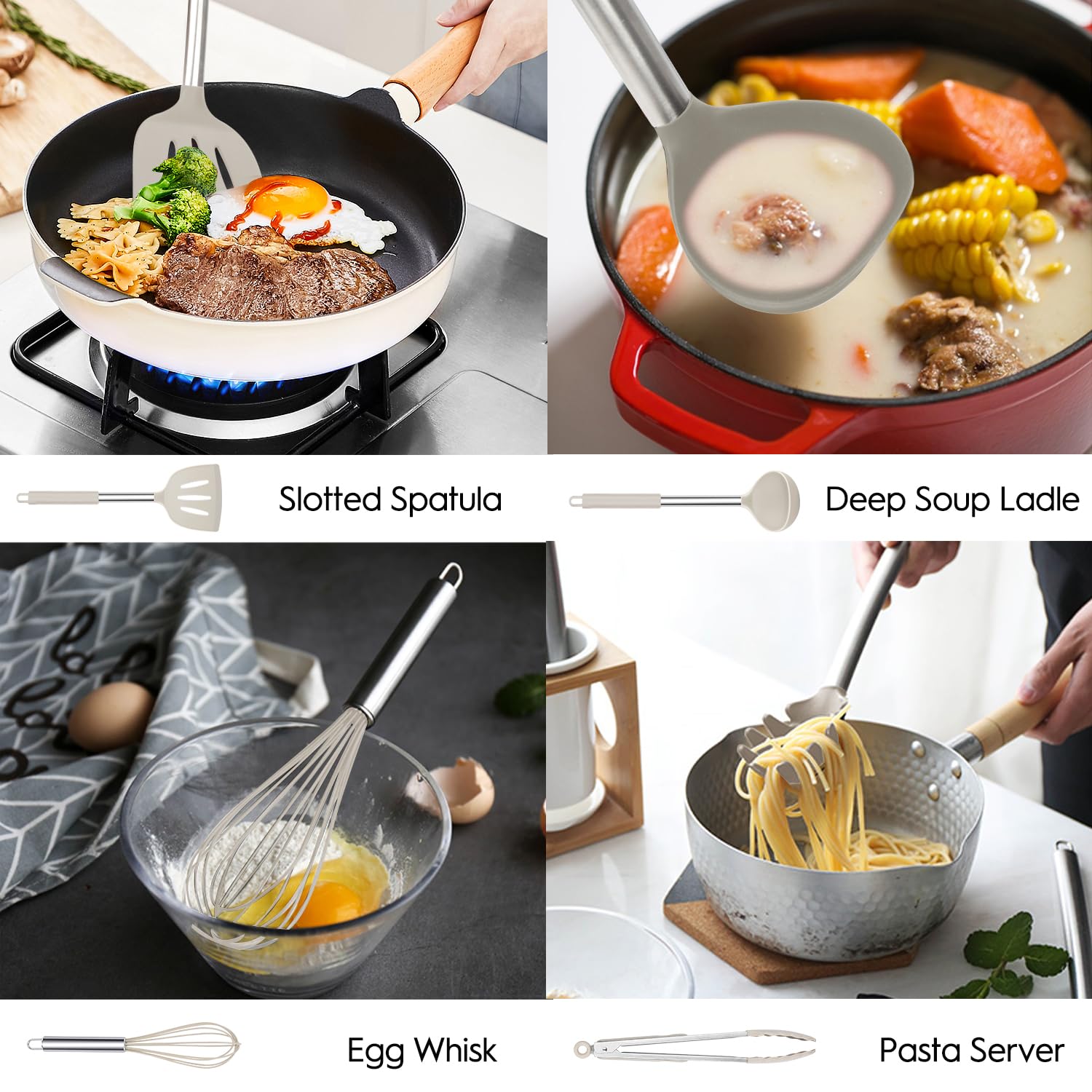 Silicone Kitchen Cooking Utensil Set, Silicone Kitchen Spatula Utensils Set With Stainless Steel Handle,Non-Stick Heat Resistant