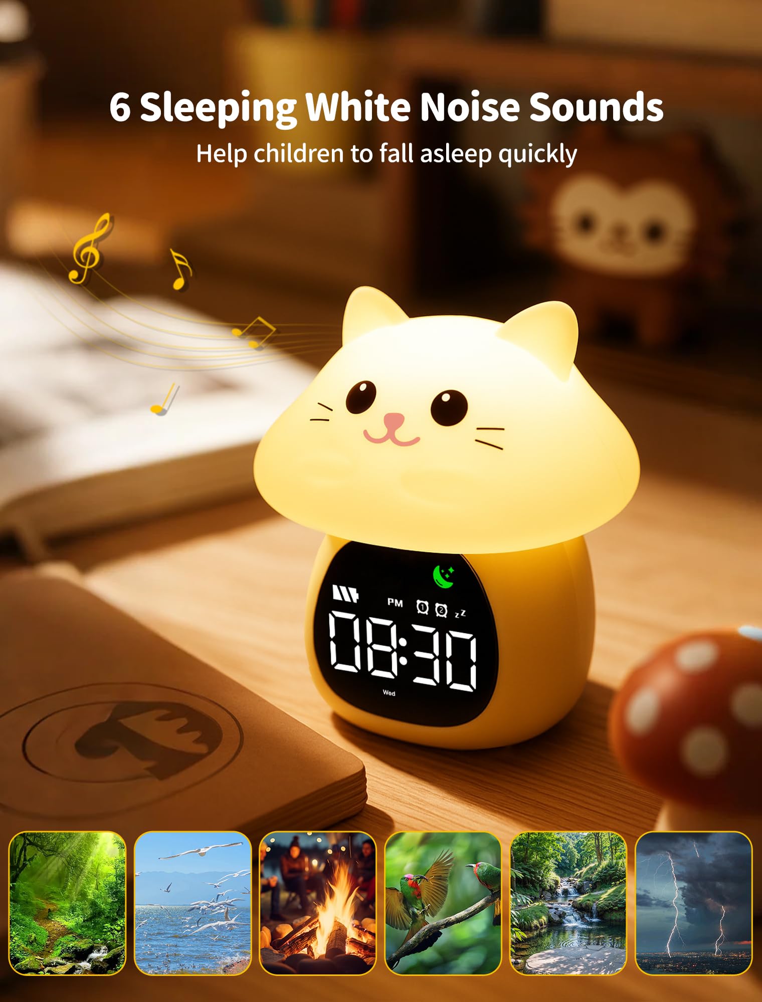MASHI Mushroom Cat Alarm Clock, Toddler Sleep Training Clock with Sun & Moon, Sleep Sound Machine, Night Lights, Alarm Clock for