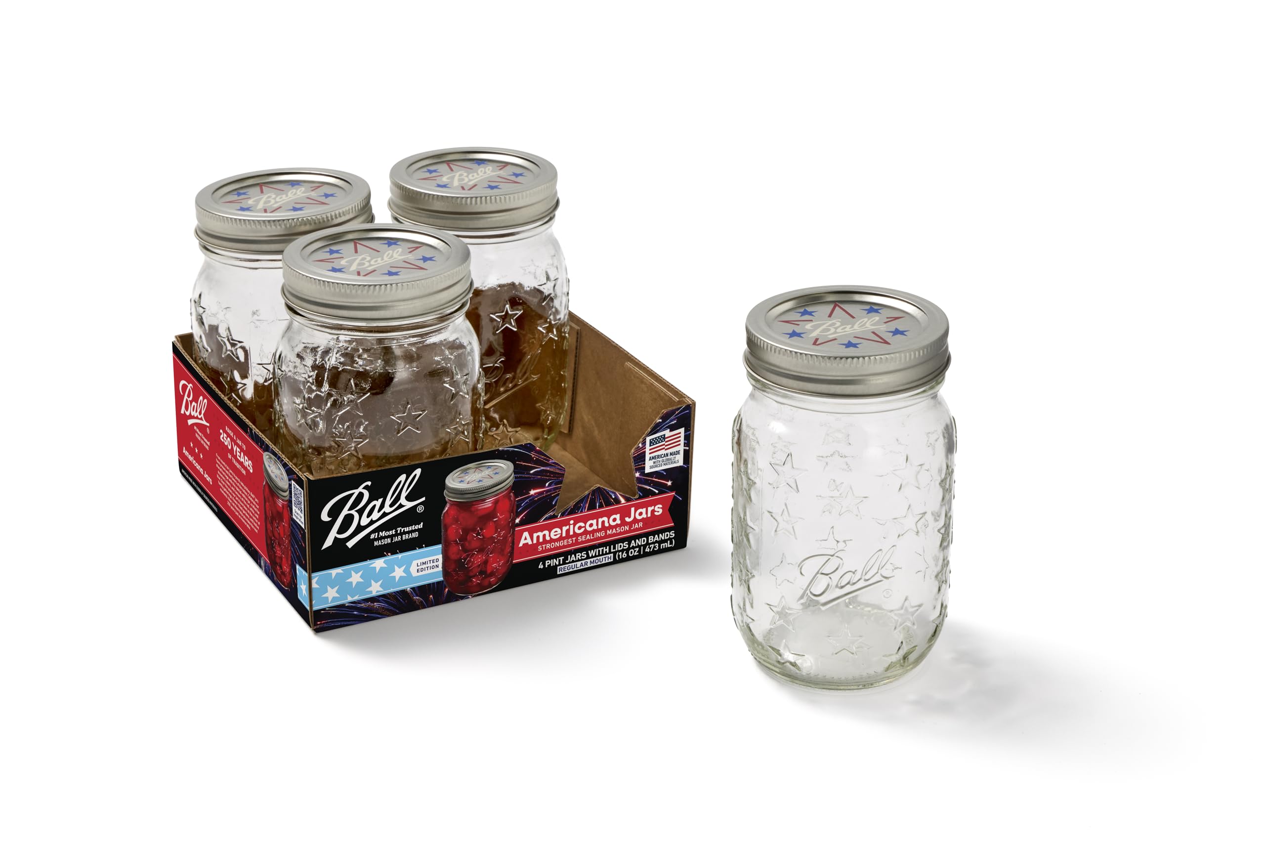 Ball Americana Regular Mouth Glass Mason Jars with Lids and Bands, Used for Canning, Pickling, Juice, Jam, Jelly, Pint Size 16 O