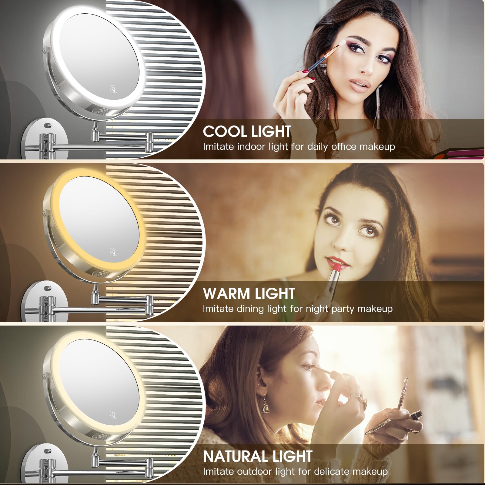 Mnient Wall Mounted Lighted Makeup Mirror, 8'' Rechargeable Double-Sided Magnifying Mirror 1X/10X, 3 Colors Led Vanity Mirror Wi