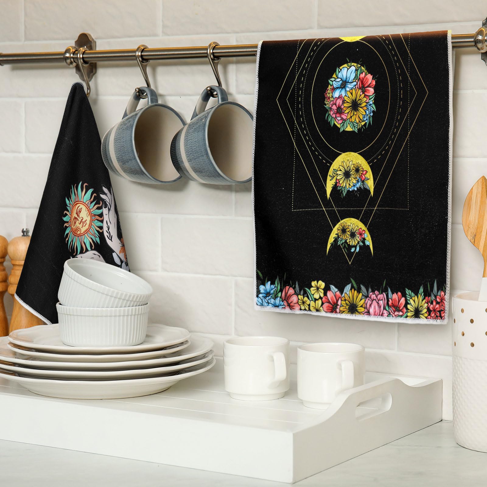 Boyiee Set Of 6 Witchy Kitchen Towels Boho Tea Towels Absorbent Mushroom Floral Dish Towels 24 X 16'' Gothic Dish Towels Sun Moo
