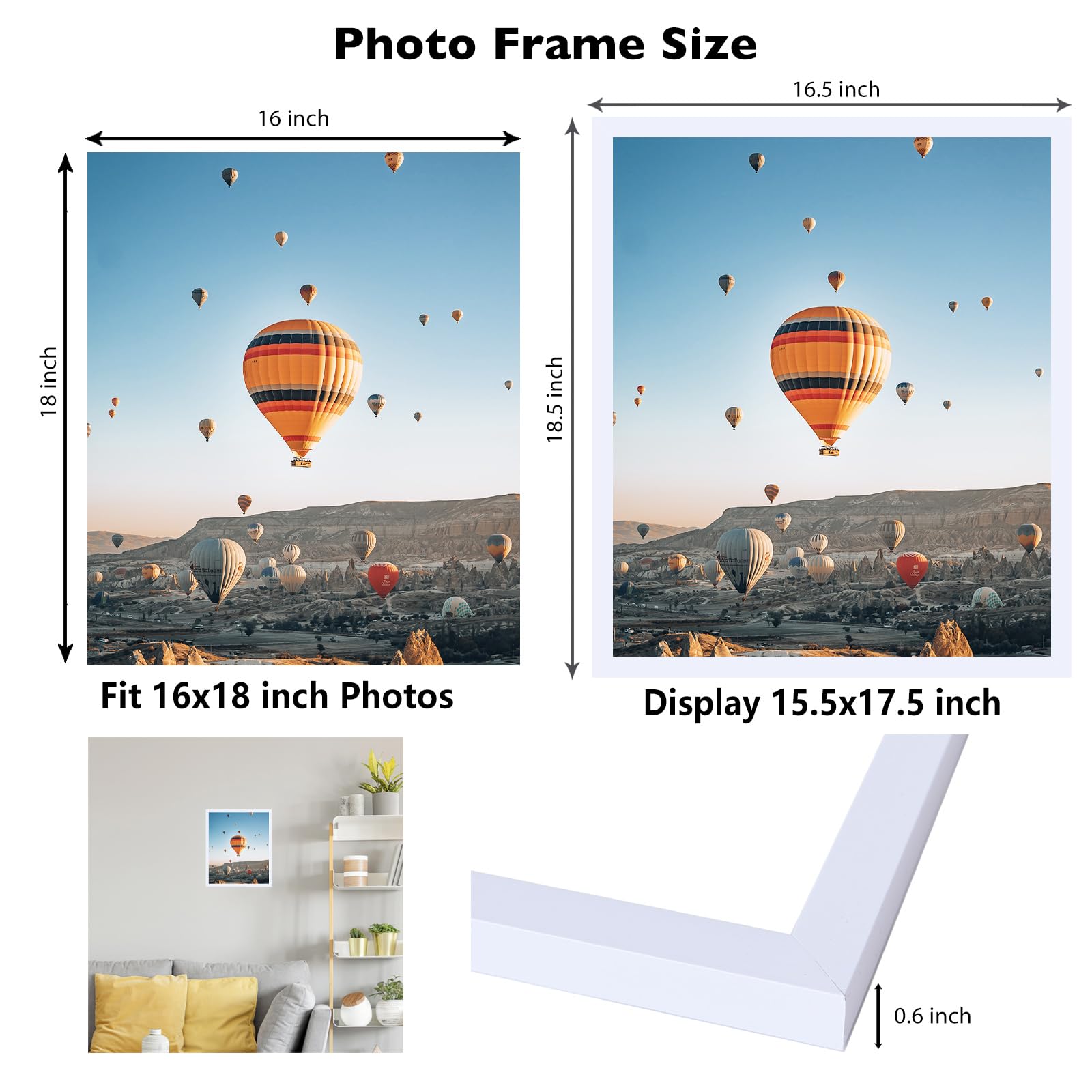 JCJMY 16x18 Picture Frame - White, Horizontal & Vertical Formats for Wall Hanging, 16 x 18 Gallery Frame for Photos & Posters