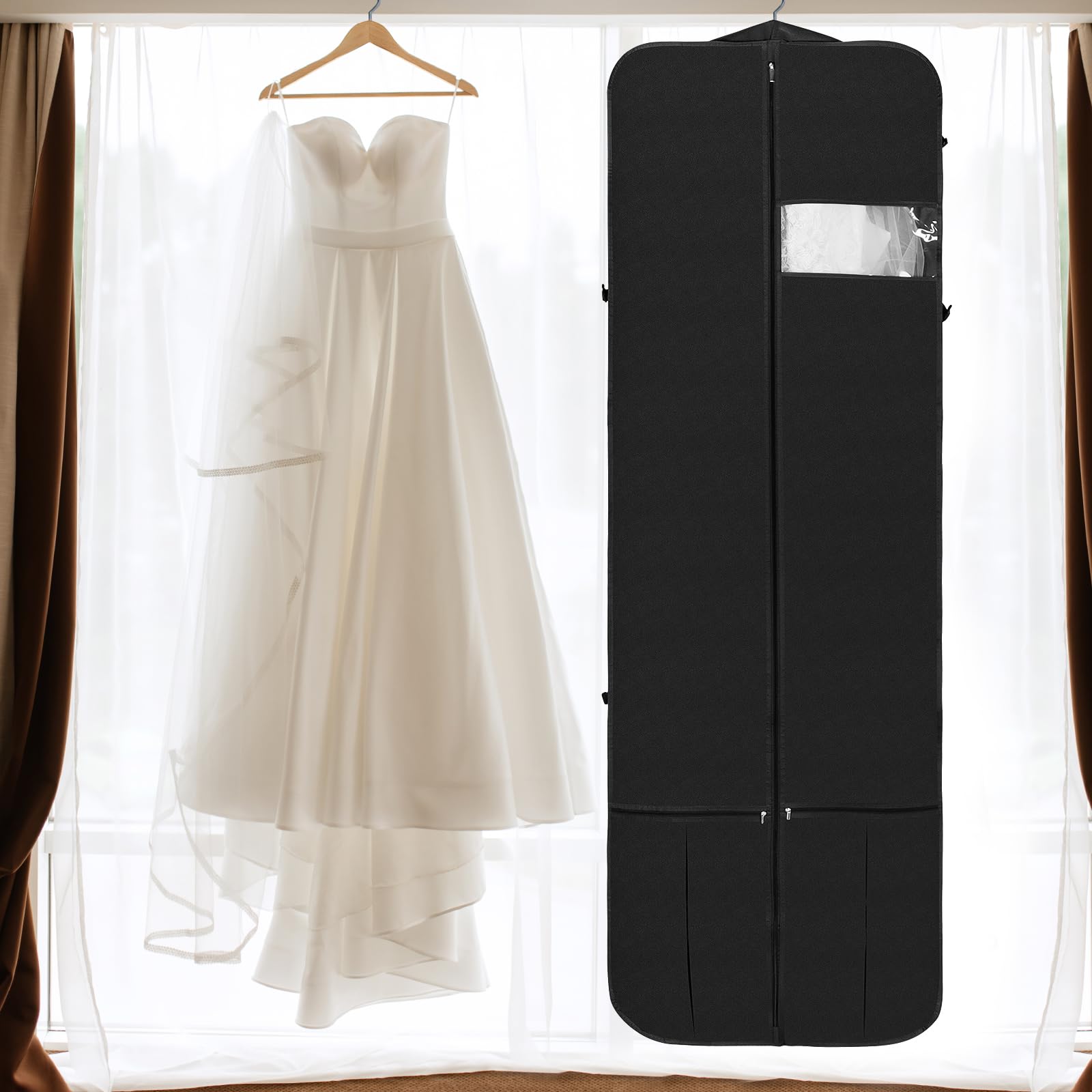 Kntiwiwo Wedding Dress Garment Bag 72'' Dress Bags for Gowns Long with Accessories Pockets Bridal Garment Cover with Adjustable Handles for Wedding Dress  Prom Evening Gown