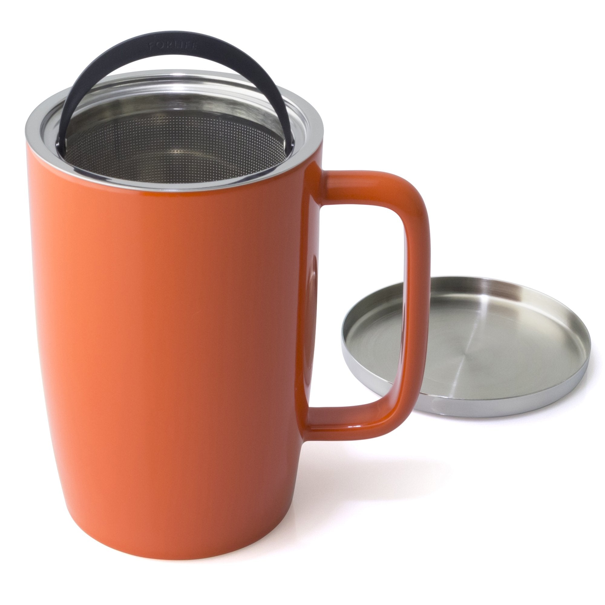 Forlife Dew Glossy Finish Brew-In-Mug With Basket Infuser & ''Mirror'' Stainless Lid 18 Oz., Carrot