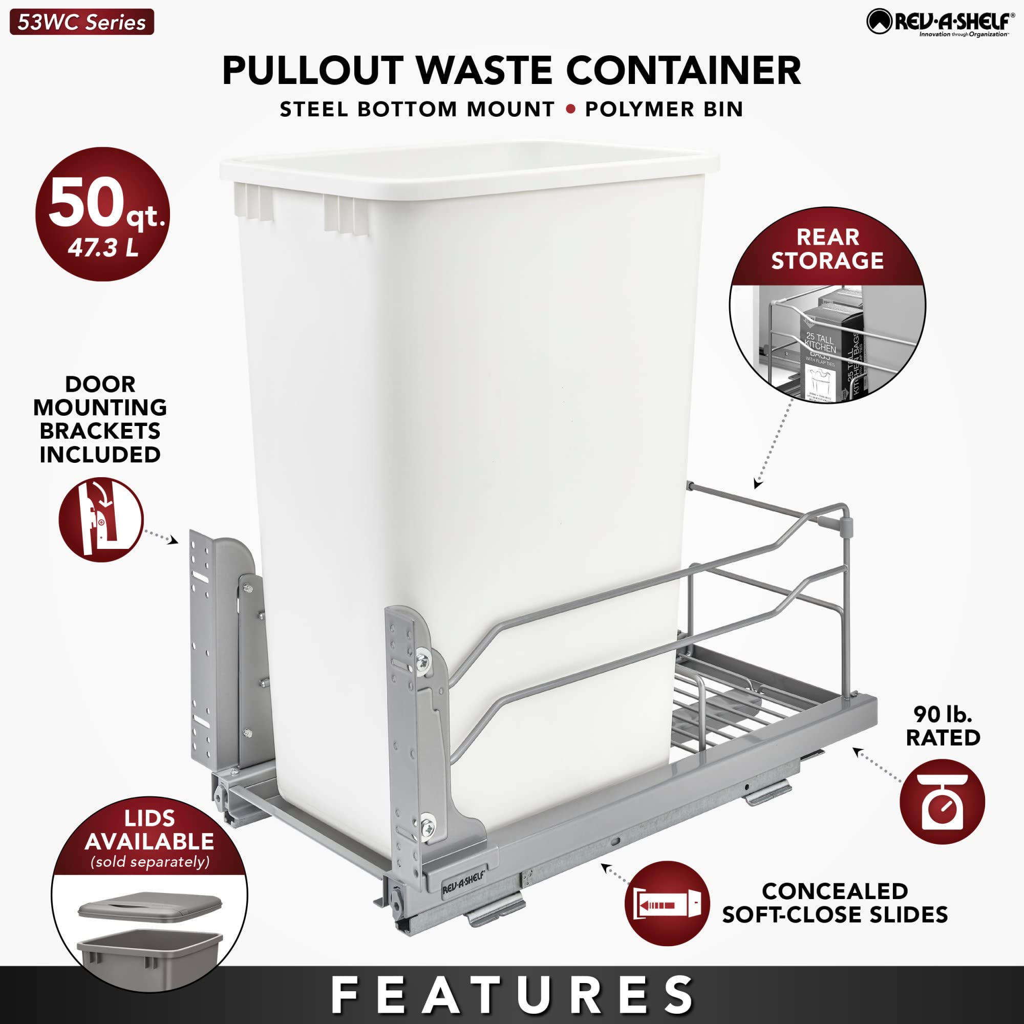 Rev-A-Shelf Pullout Trash Can For Full-Height Kitchen Cabinets 50 Quart 12.5 Gallon With Soft-Close Slides And Storage, Silver,
