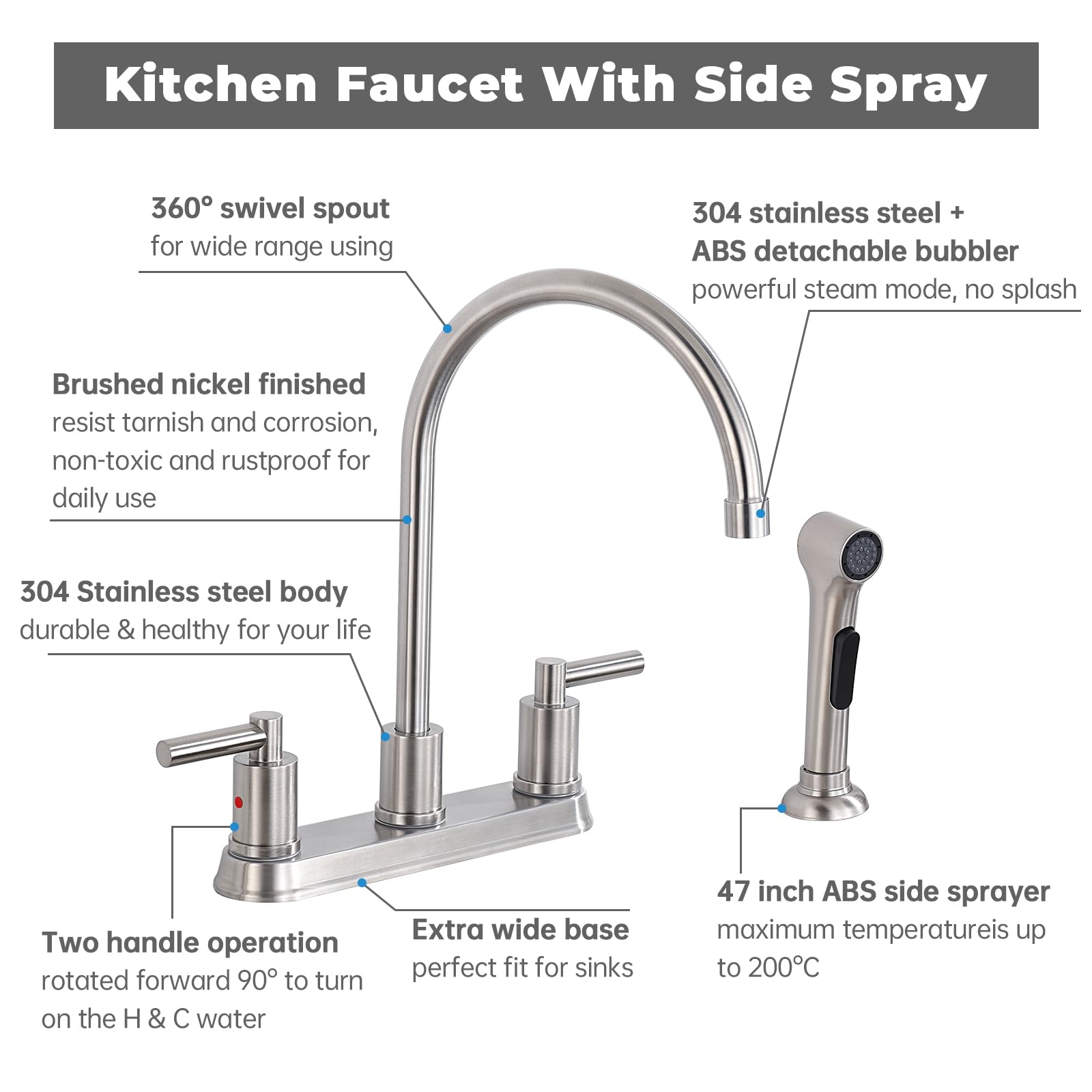 Arrisea 2 Handle Kitchen Sink Faucet With Side Sprayer, Two Handle 4 Holes 8 Inch Centerset Kitchen Faucets With 24 Inch Pull-Ou