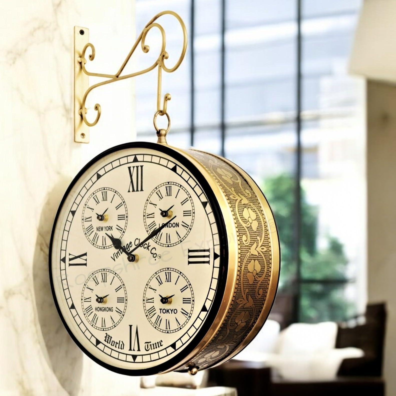 Vintage Clock Analog Handcrafted Double Side Clock With World Time/Railway (Station) Clock/Brass Finish / 12 Inches Size/Vc-6509