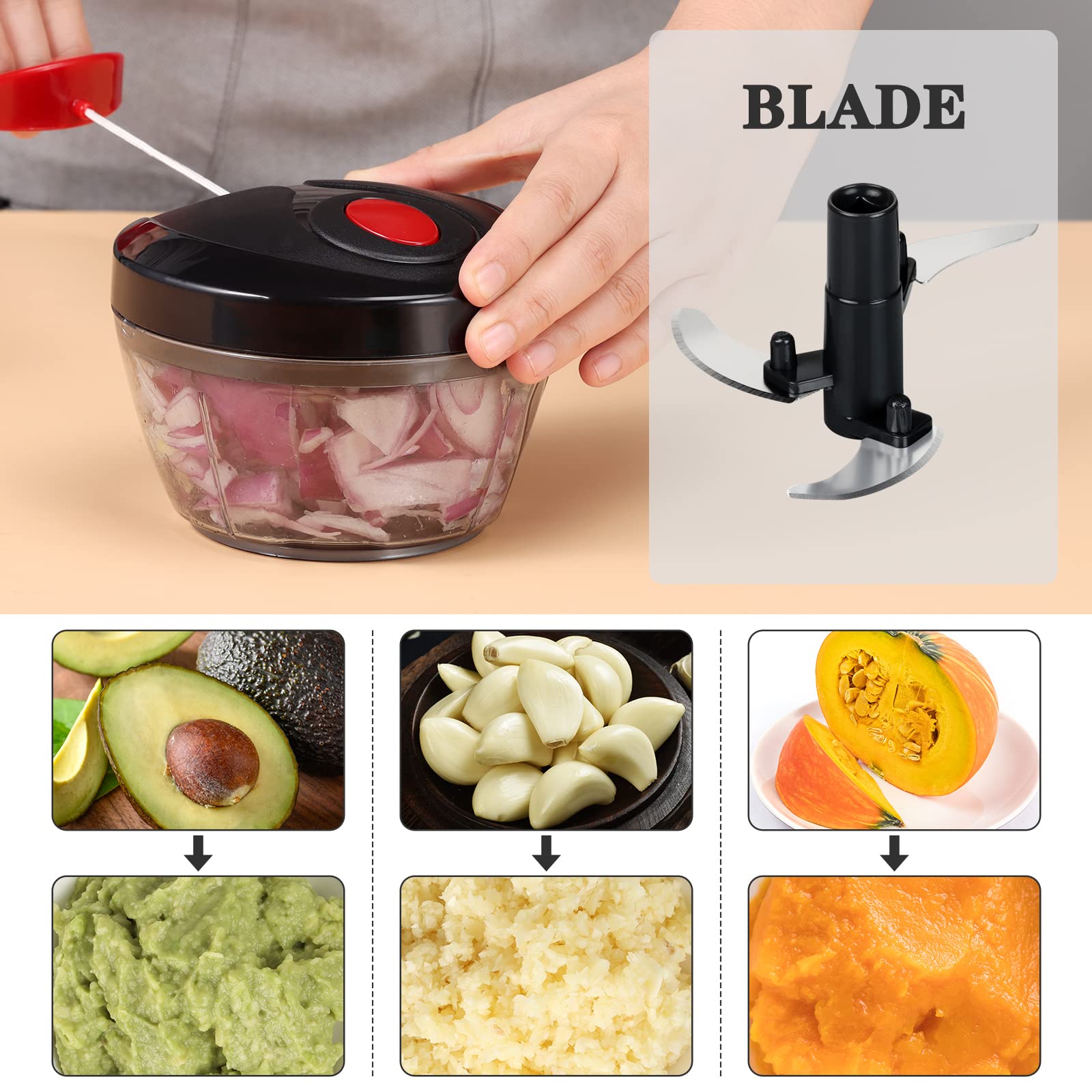 Cambom Chopper Manual Food Chopper  Hand Pull String Vegetable Chopper  Durable BPA Free Food Safe Material (BLACK)