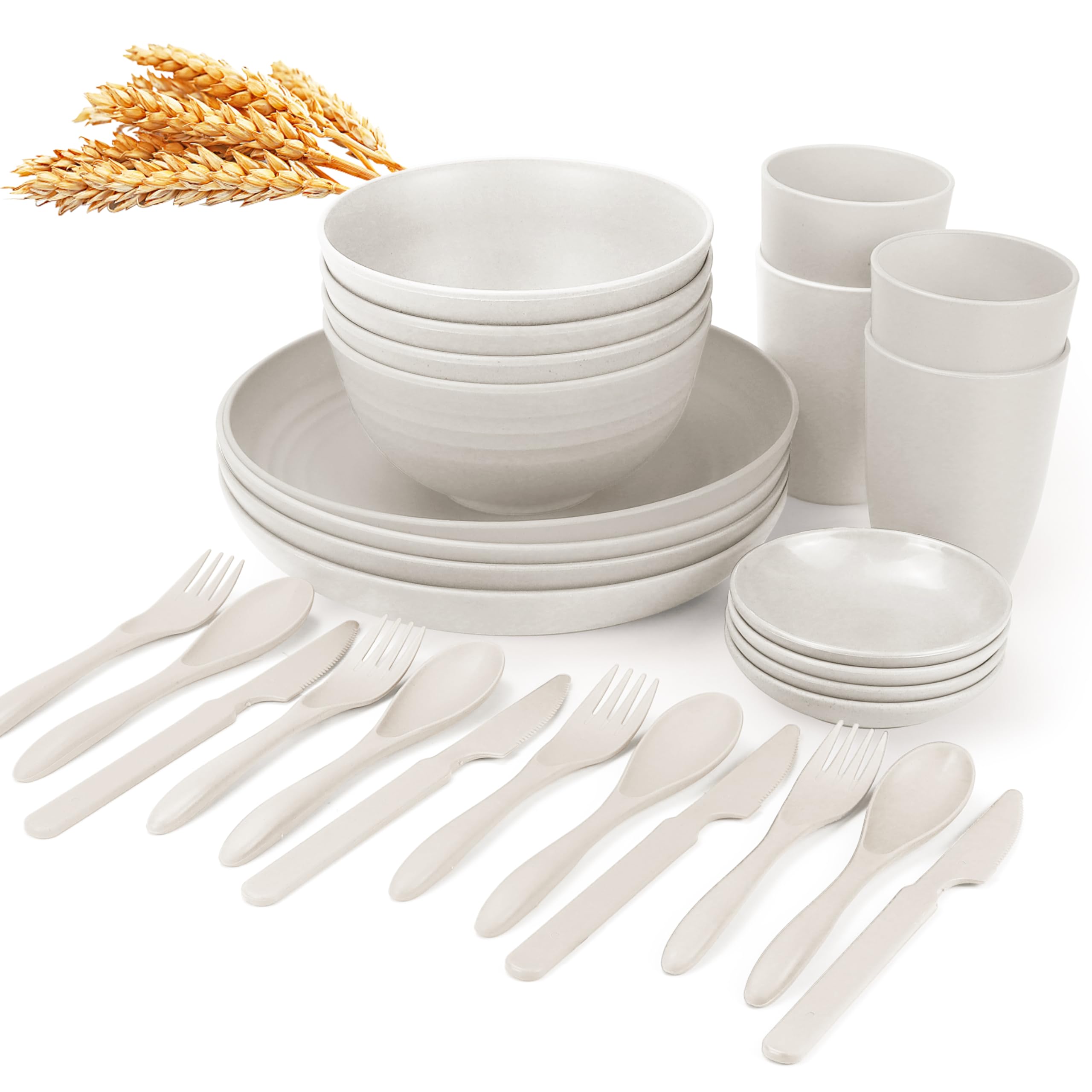 Wrova Wheat straw dinnerware sets - 28 Pieces dish sets service for 4 - Lightweight and Unbreakable Plates and Bowls Sets for Tr