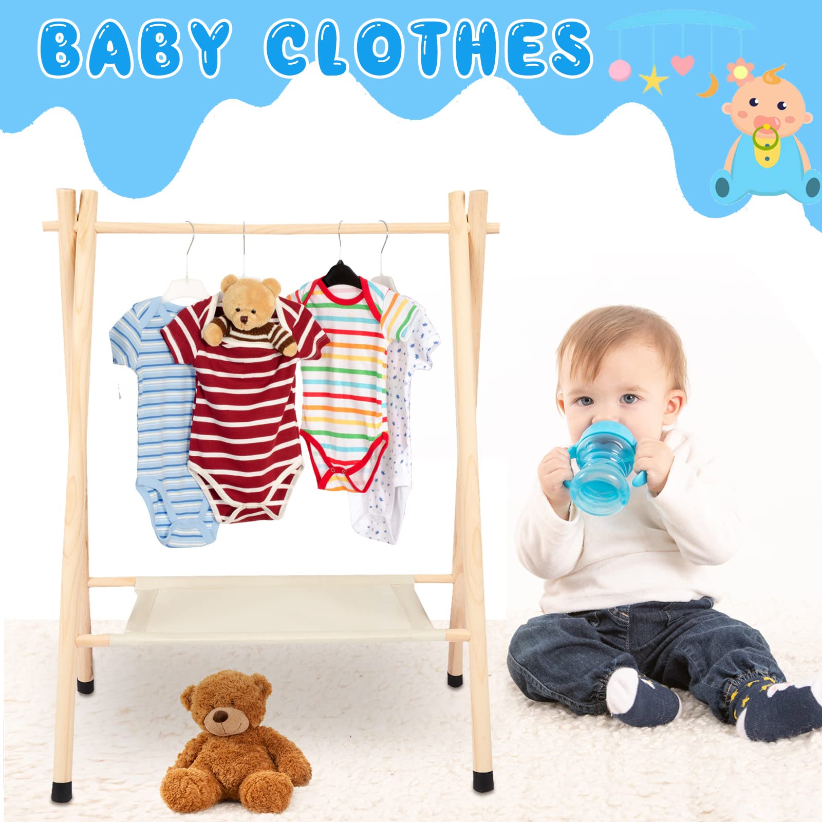 Queekay Kids Clothing Rack, Pine Wooden Clothes Organizer With Storage Shelf, Beige, Large