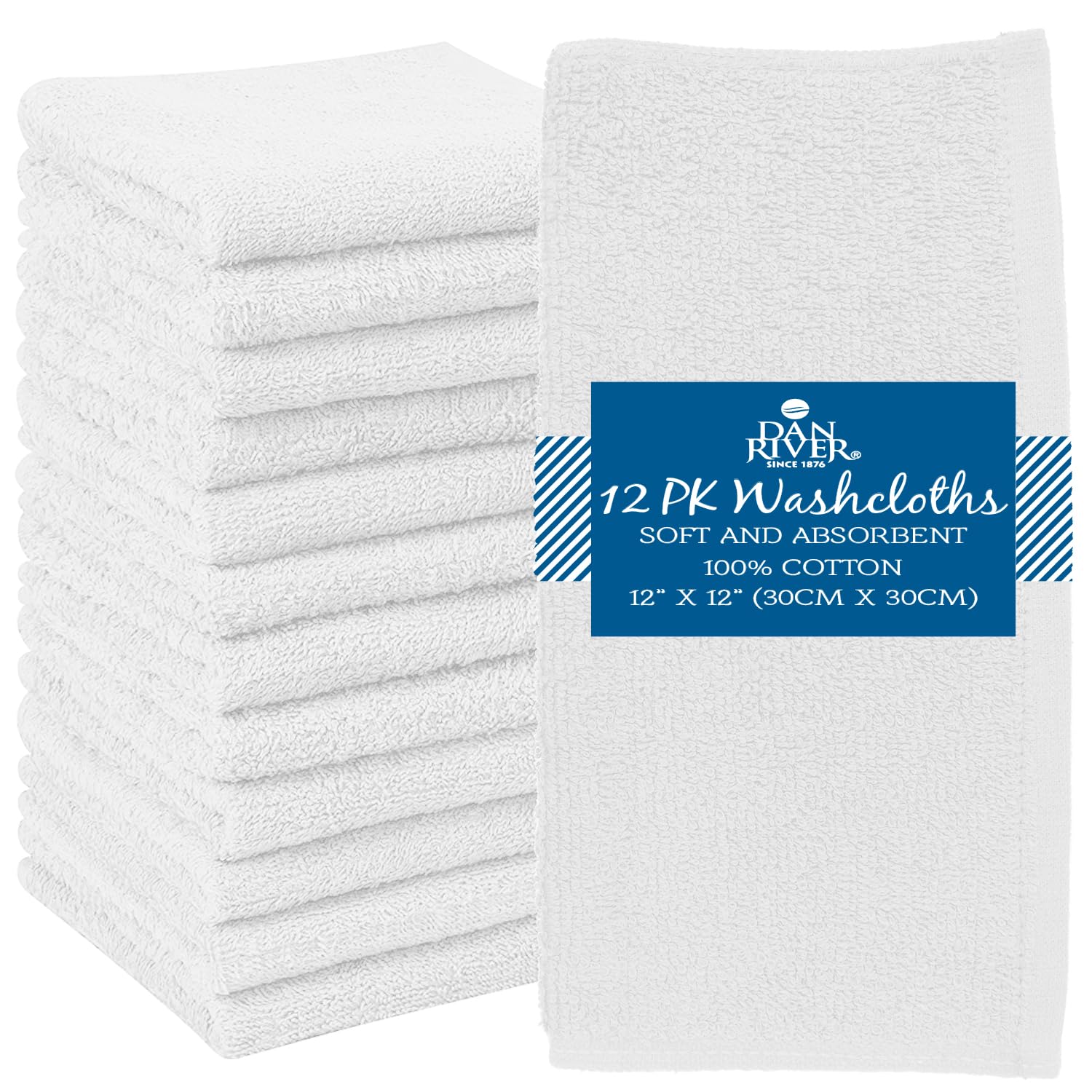 Dan River 100% Cotton Washcloths 12 Pack Premium Quality Face And Body Cloth, Quick Dry Essential Towels For Bathroom, Hand, Kit
