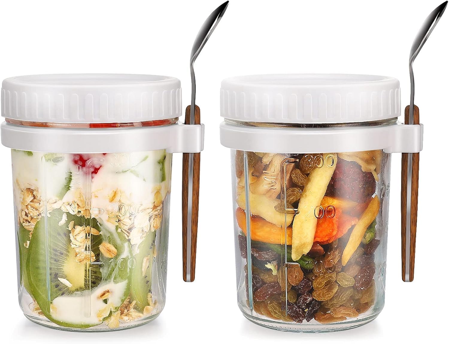 Rewof Glass Oats Containers With Lids & Spoons  440Ml Mason Jars For Overnight Oats, Yogurt, Cereal, Salad & Milk  LeakProof 