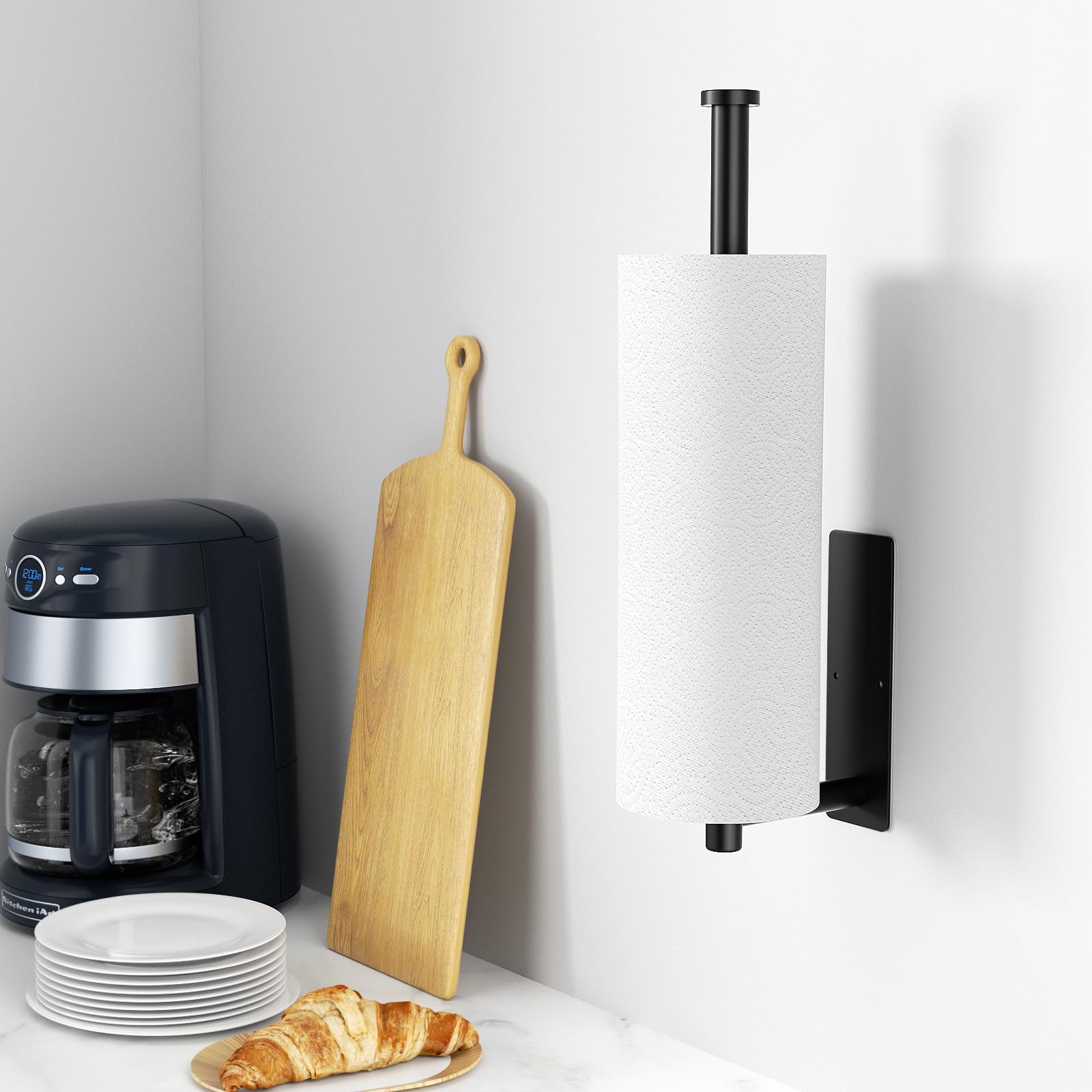 Paper Towel Holder - Self-Adhesive Or Drilling, Matte Black Wall Mounted Rack - Sus304 Stainless Steel Kitchen Roll Holder Under