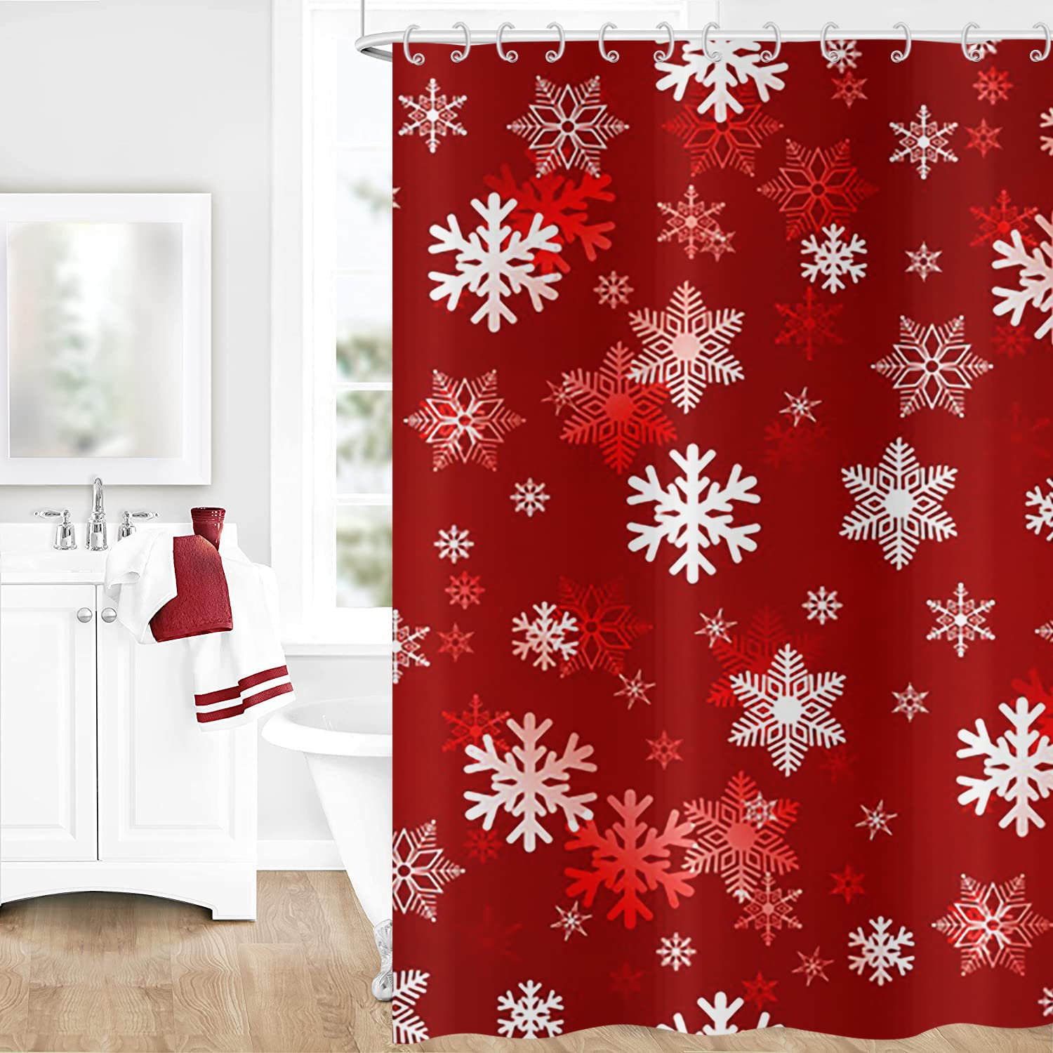 Gcirec Christmas Snowflake Shower Curtain, Red White Xmas Snowflake Winter Holiday New Year Bathroom Curtain Home Bathtub Decor